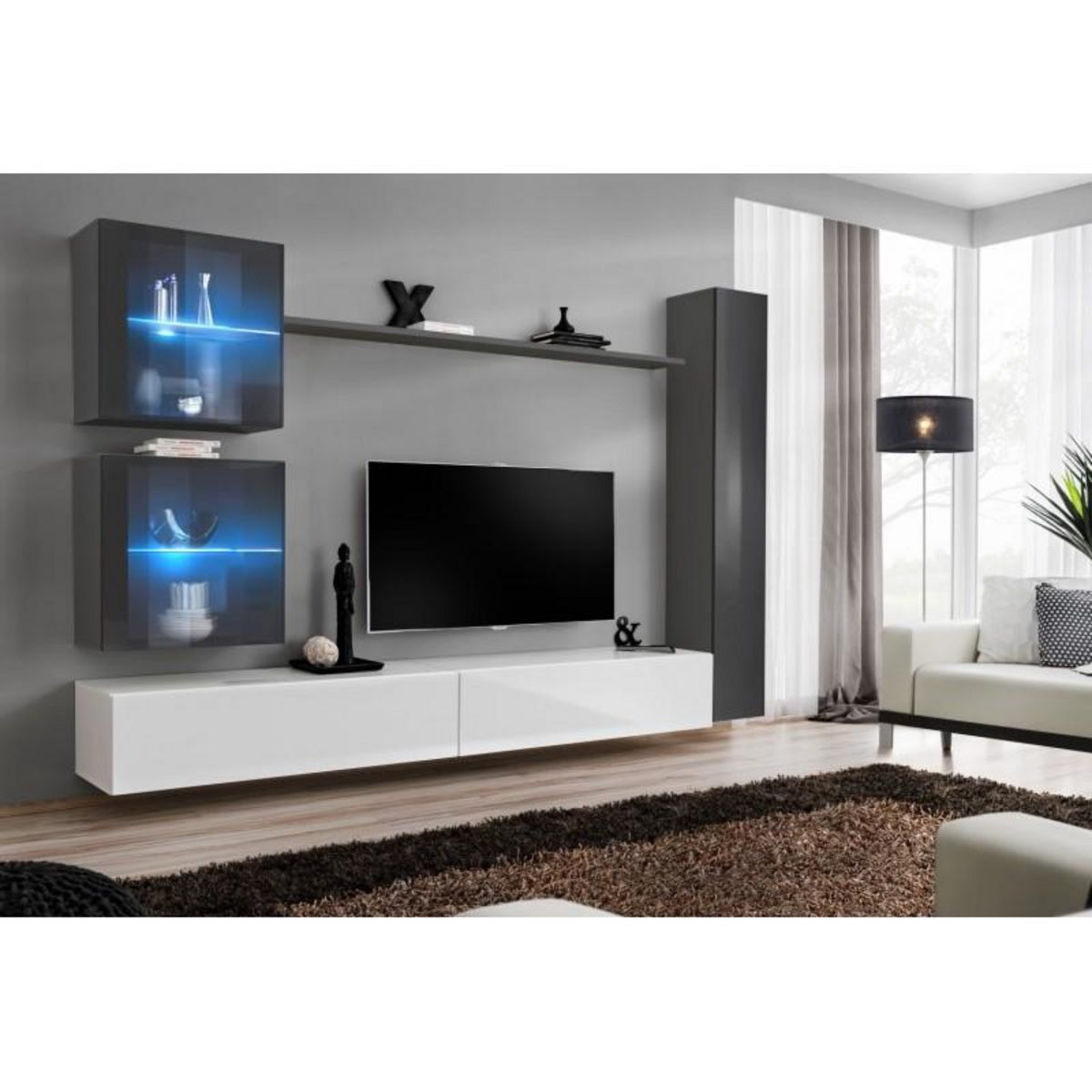 Paris Prix Meuble TV Mural Design  Switch XVIII  280cm Blanc & Gris