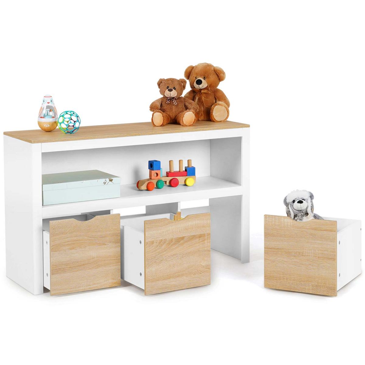 ID MARKET Meuble de rangement enfant MANA en bois blanc et hêtre 3 tiroirs cubes sur roulettes
