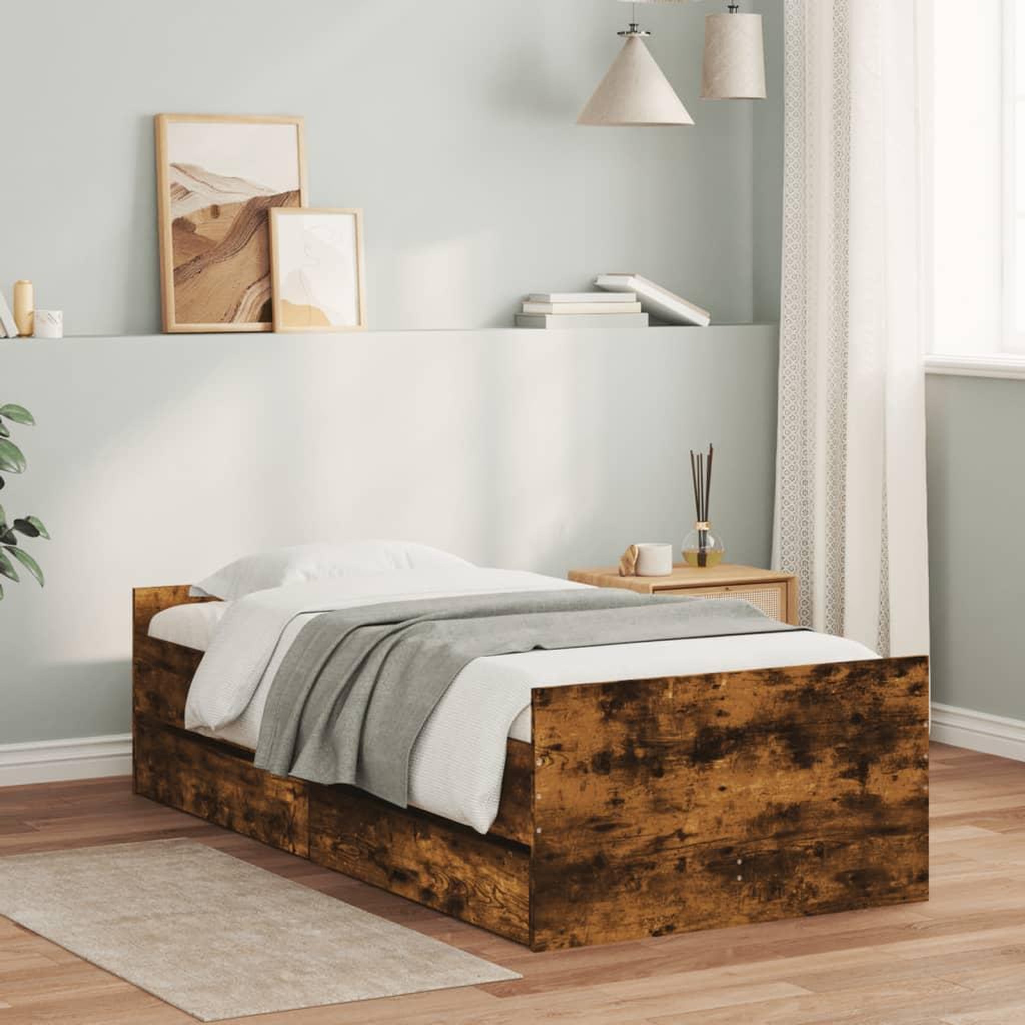 VIDAXL Cadre de lit avec tiroirs sans matelas chene fume 90x190 cm
