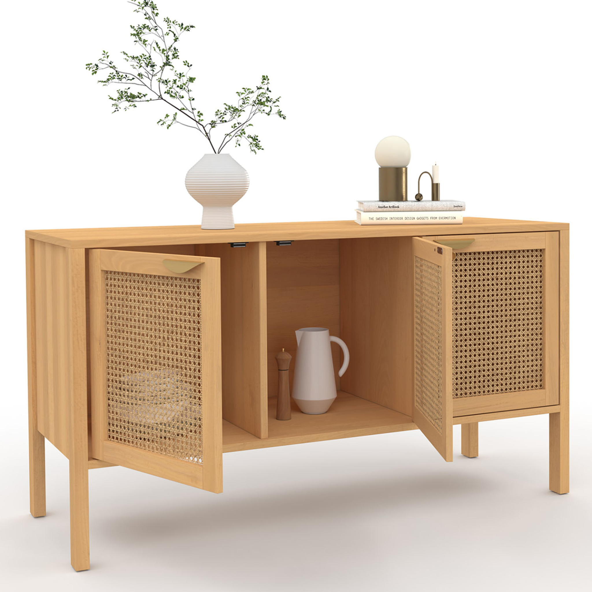 Voir la diapositive 4 : ID MARKET Buffet bas 110 cm edhen 3 portes bois et cannage