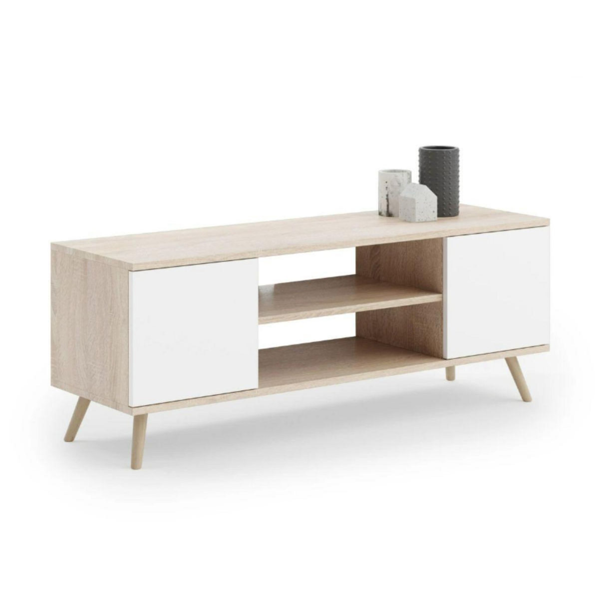 KOBI Meuble TV Focus en Bois Blanc 155 cm - Élégance et Praticité pour Votre Salon