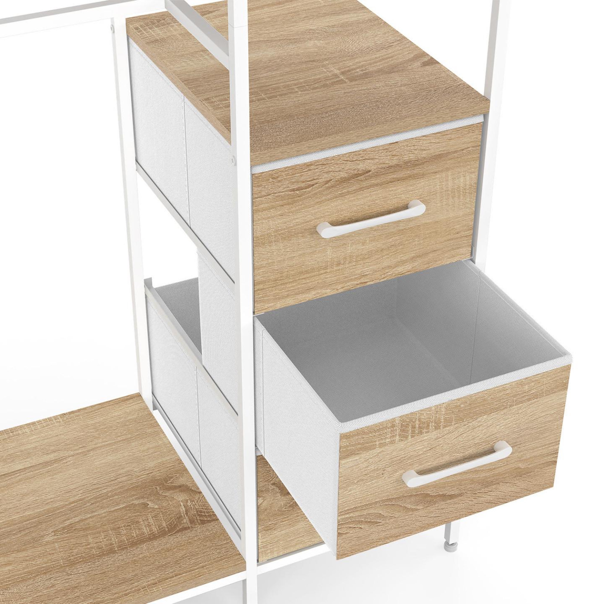 Voir la diapositive 5 : ID MARKET Dressing double penderie + double colonne l. 140 cm utah avec 6 étagères et 6 bacs en tissu bois et blanc