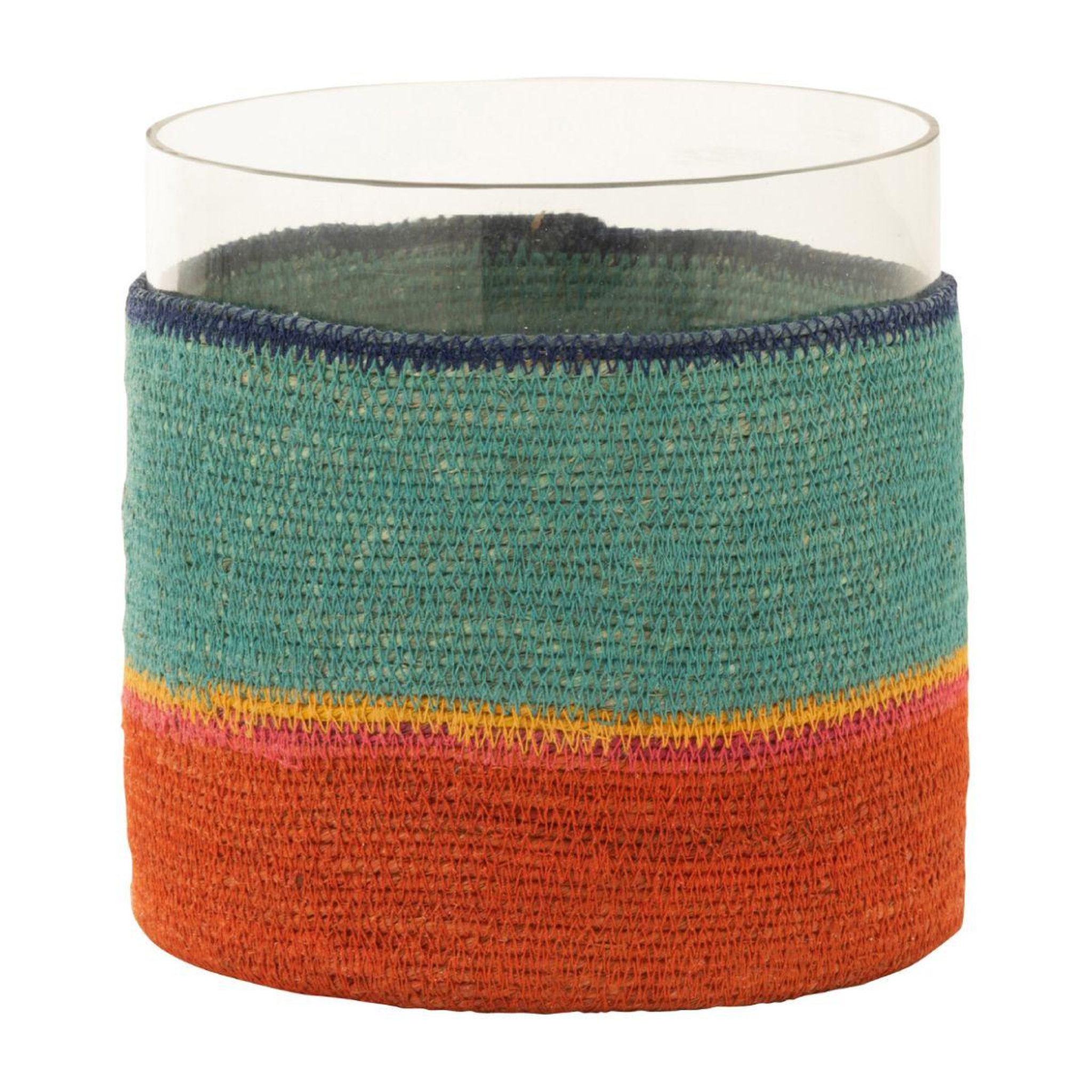 J-LINE Photophore déco jonc de mer  desire  20cm turquoise & orange