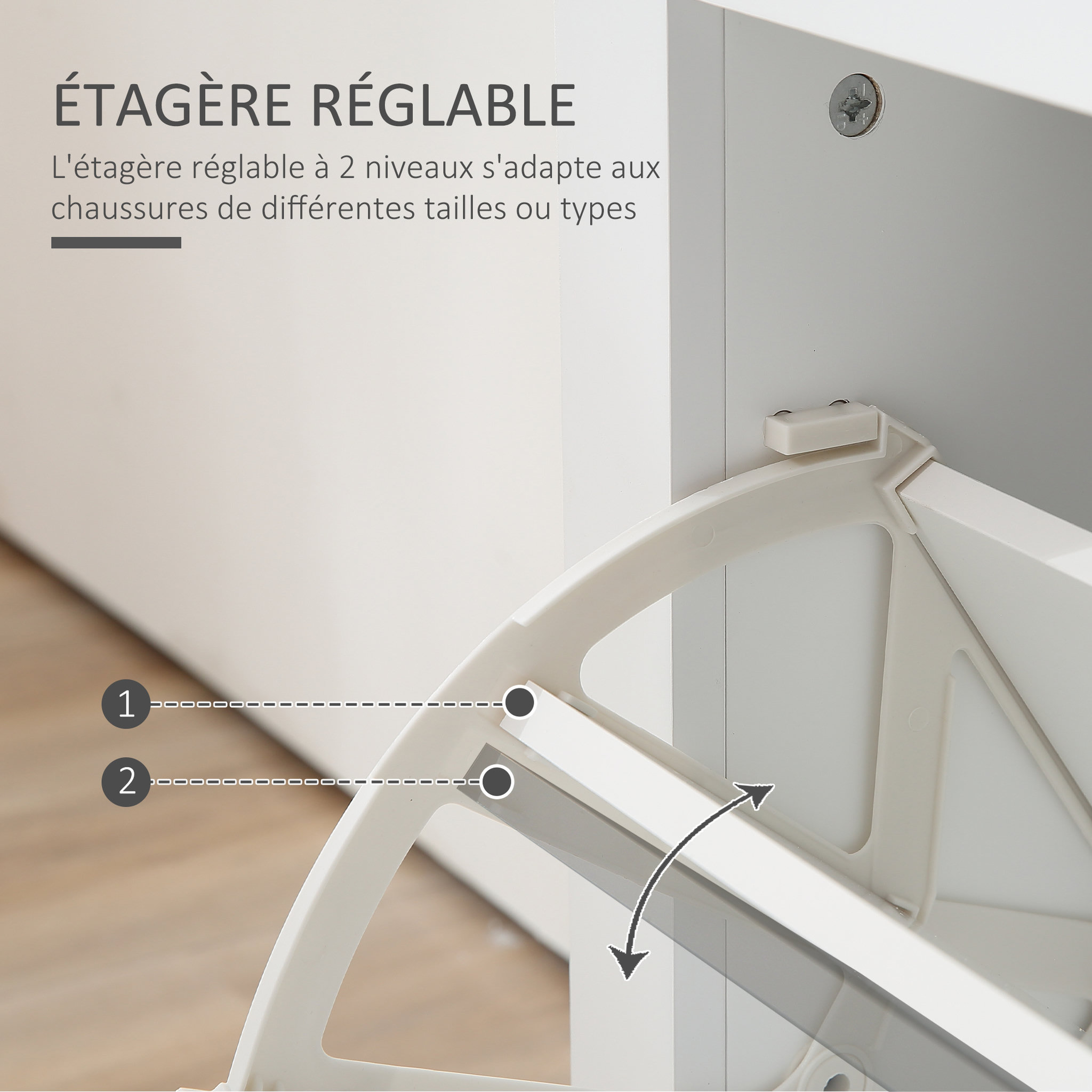 Voir la diapositive 5 : HOMCOM Armoire à chaussures 2 portes abattantes 2 compartiments poignées coquilles métal MDF blanc chêne clair