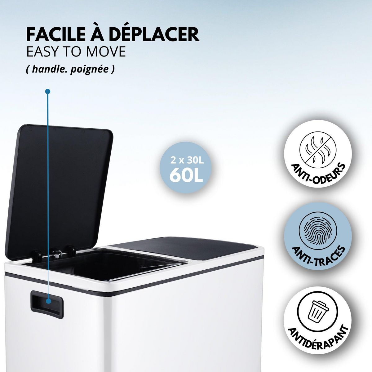 Kitchen move Poubelle de cuisine tri sélectif MAJOR Blanc Acier inoxydable 60L