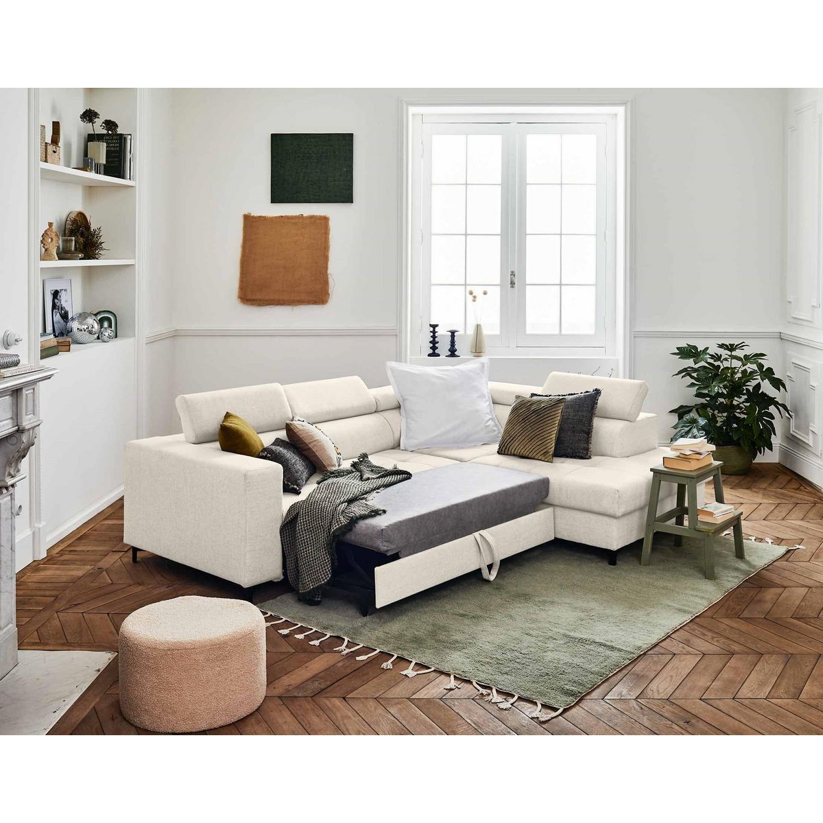 LISA DESIGN Olinda - canapé d'angle droit - 5 places - convertible avec coffre et têtières réglables - en tissu