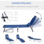 Voir la diapositive 4 : OUTSUNNY Bain de soleil pliable transat inclinable 4 positions chaise longue de lecture 3 coussins fournis bleu