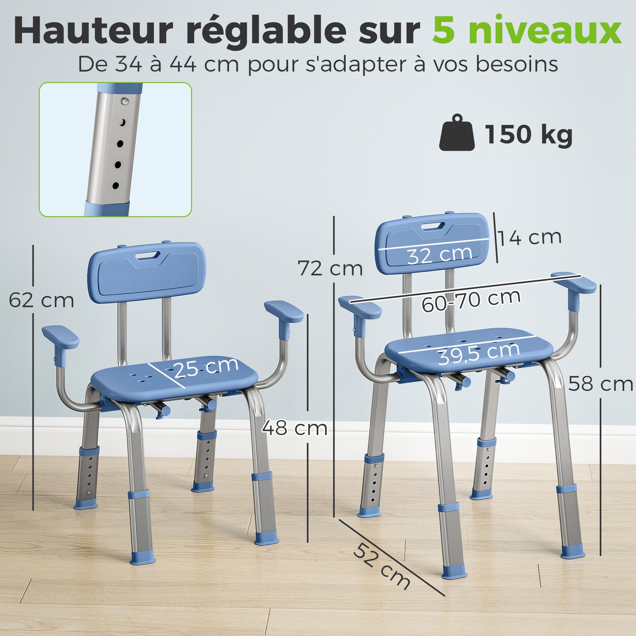 Voir la diapositive 3 : HOMCOM Chaise de douche réglable avec accoudoirs dossier alu hdpe bleu