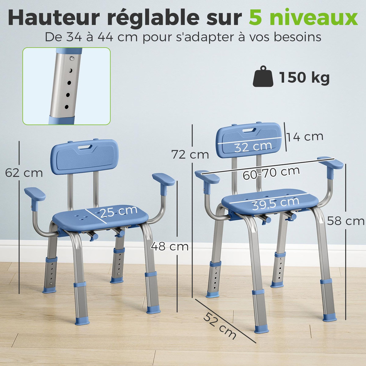 HOMCOM Chaise de douche réglable avec accoudoirs dossier alu HDPE bleu