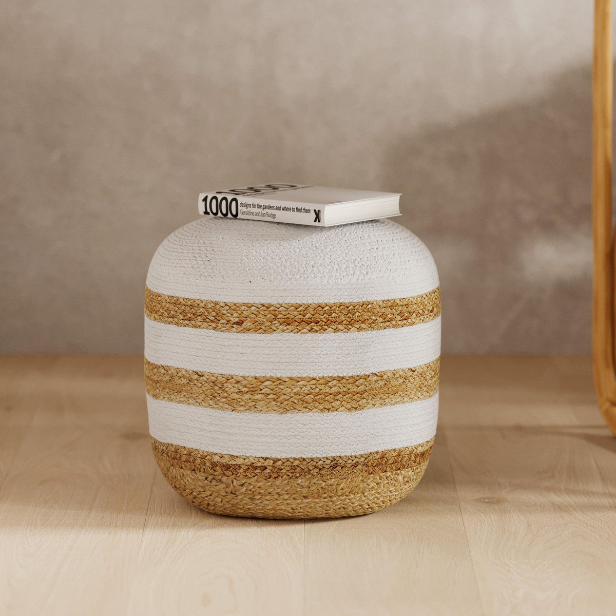 Rendez vous déco Pouf rond en jute, rayures blanches D40 cm-Billy