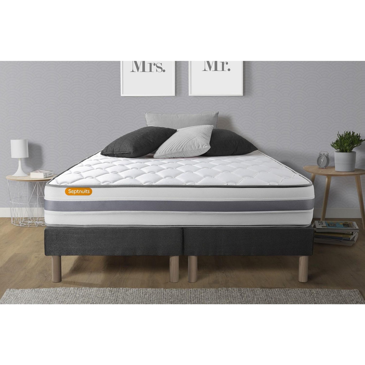 SEPTNUITS Matelas + double sommiers gris Memo Spring Ressorts ensachés 3 zones de confort MAXI épaisseur