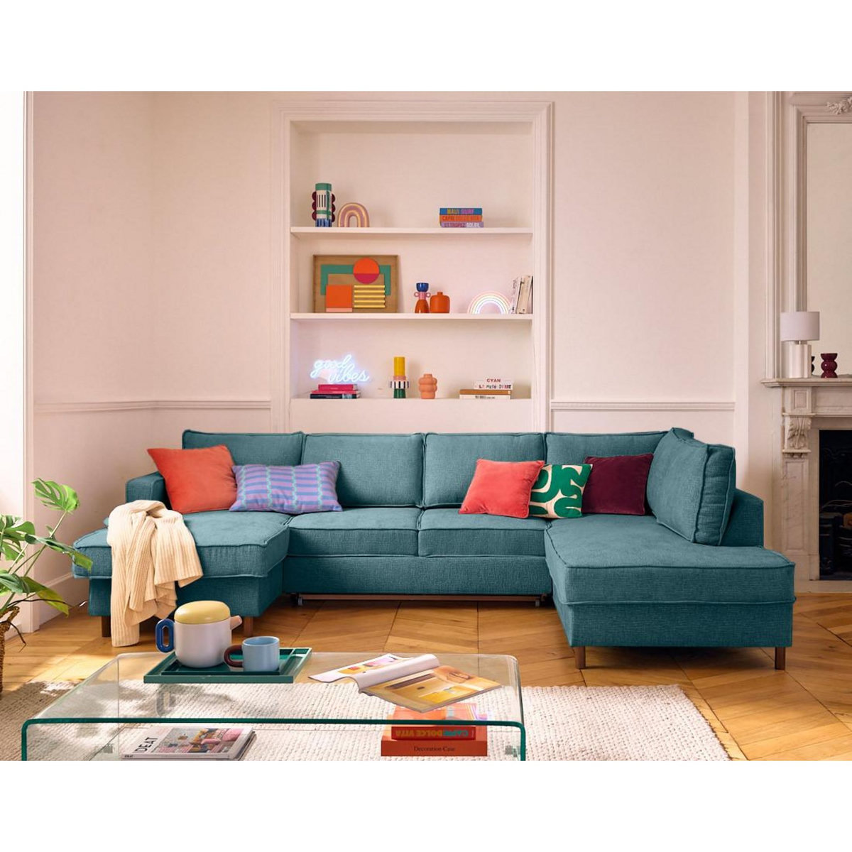 LISA DESIGN Jake - canapé panoramique d'angle droit 7 places convertible avec coffre en tissu velours relief