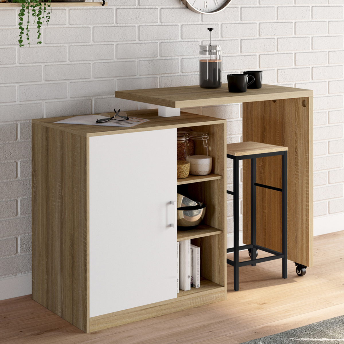 ID MARKET Ilot rotatif POLO meuble de bar pivotant 2 en 1 imitation hêtre porte blanche