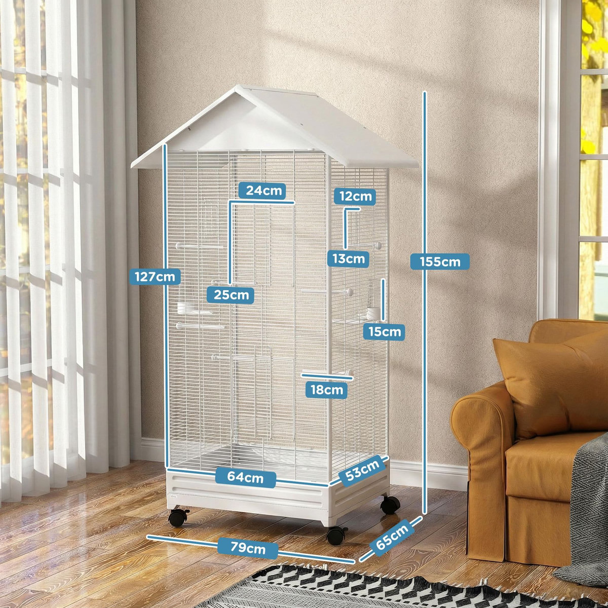 PAWHUT Cage à oiseaux sur roulettes tiroir amovible acier blanc