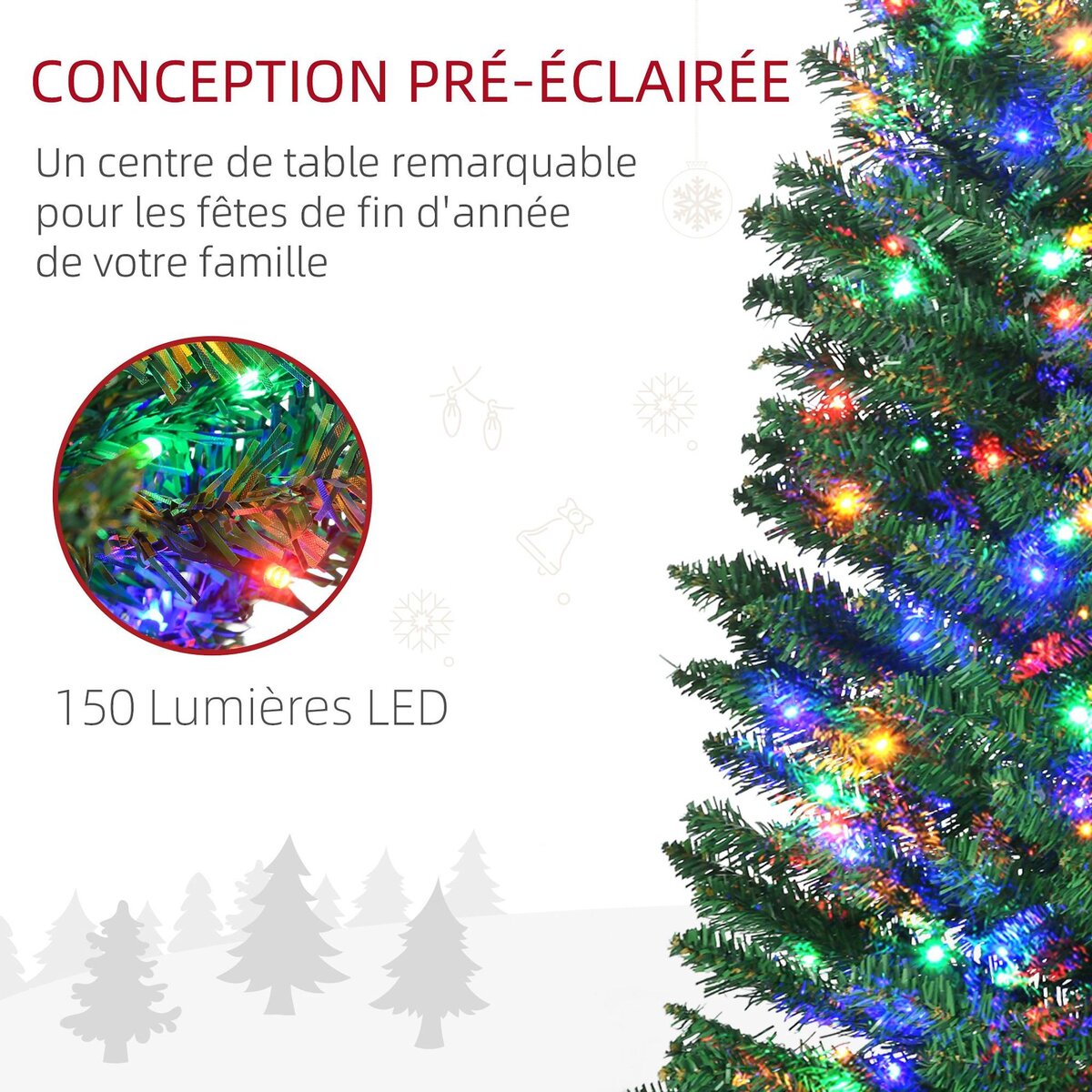 HOMCOM Sapin de Noël artificiel lumineux 150 LED multicolores Ø 50 x 180H cm 390 branches forme cyprès vert