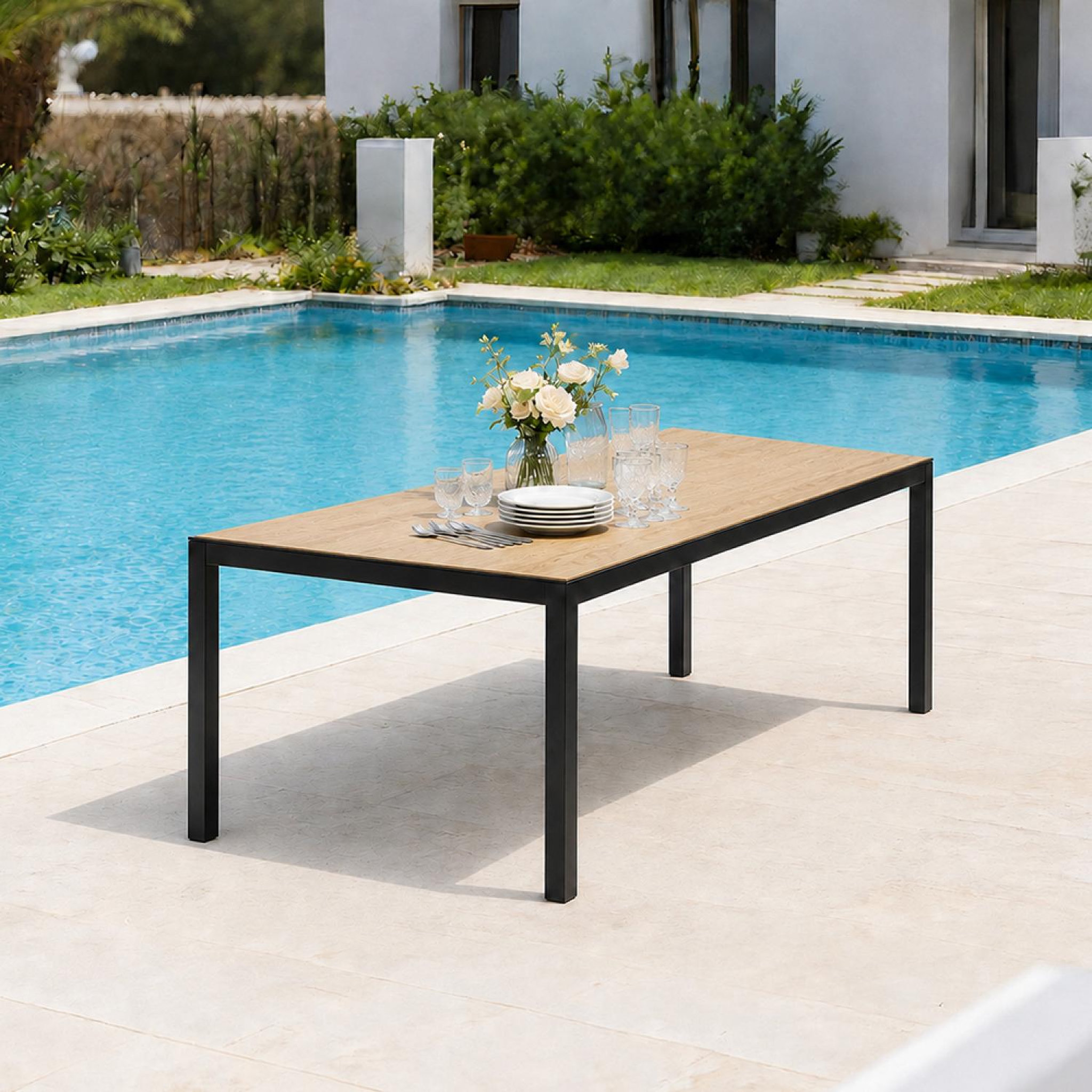 Voir la diapositive 2 : CONCEPT USINE Table de jardin 240cm 10 personnes avec plateau en verre trempé effet bois brisbane