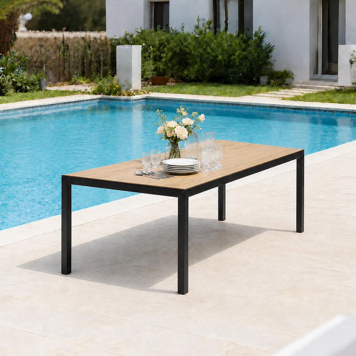 CONCEPT USINE Table de jardin 240cm 10 personnes avec plateau en verre trempé effet bois BRISBANE