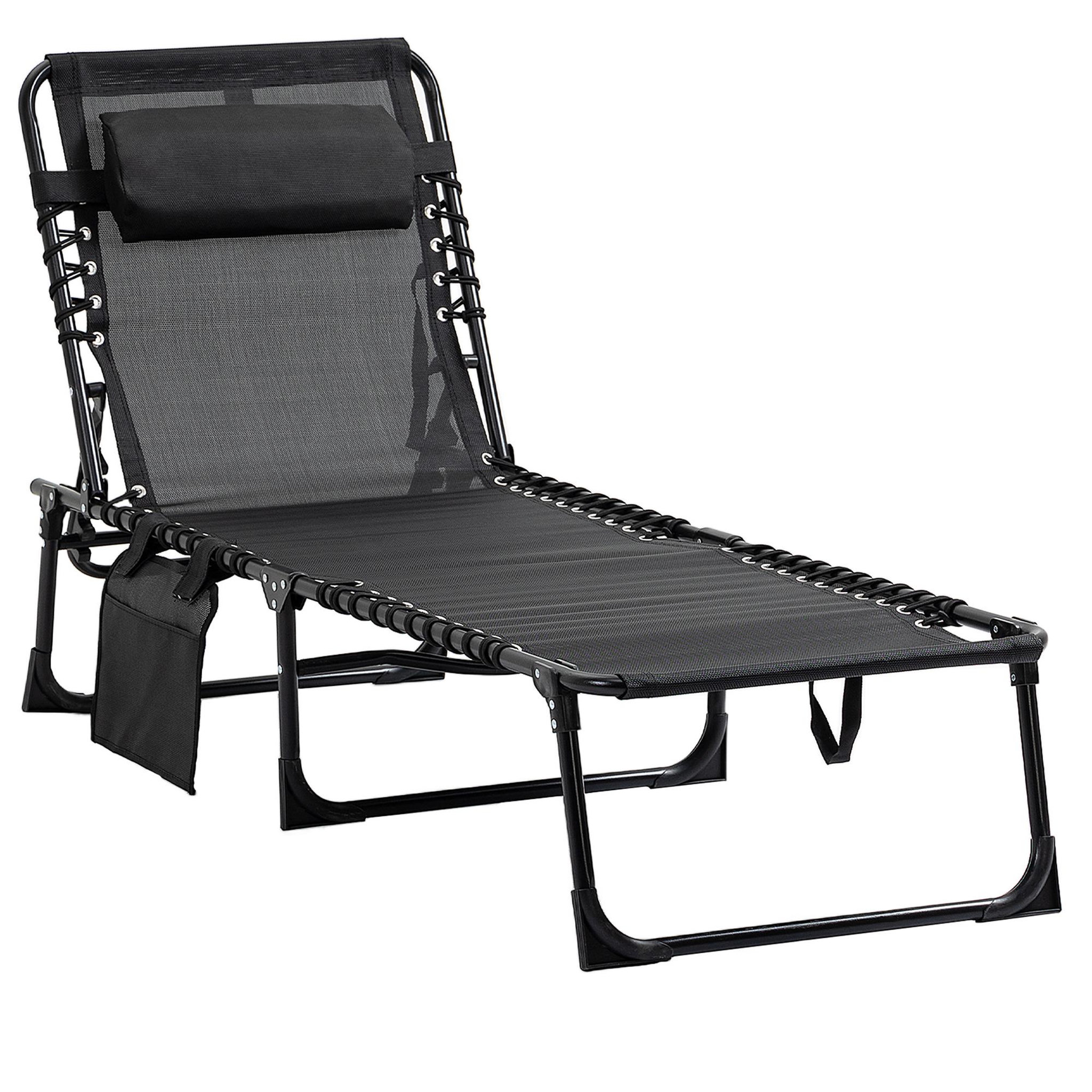 OUTSUNNY Bain de soleil transat pliable avec poignée - dossier inclinable multi-positions, pochette, tétière - acier époxy lacets élastiques textilène noir