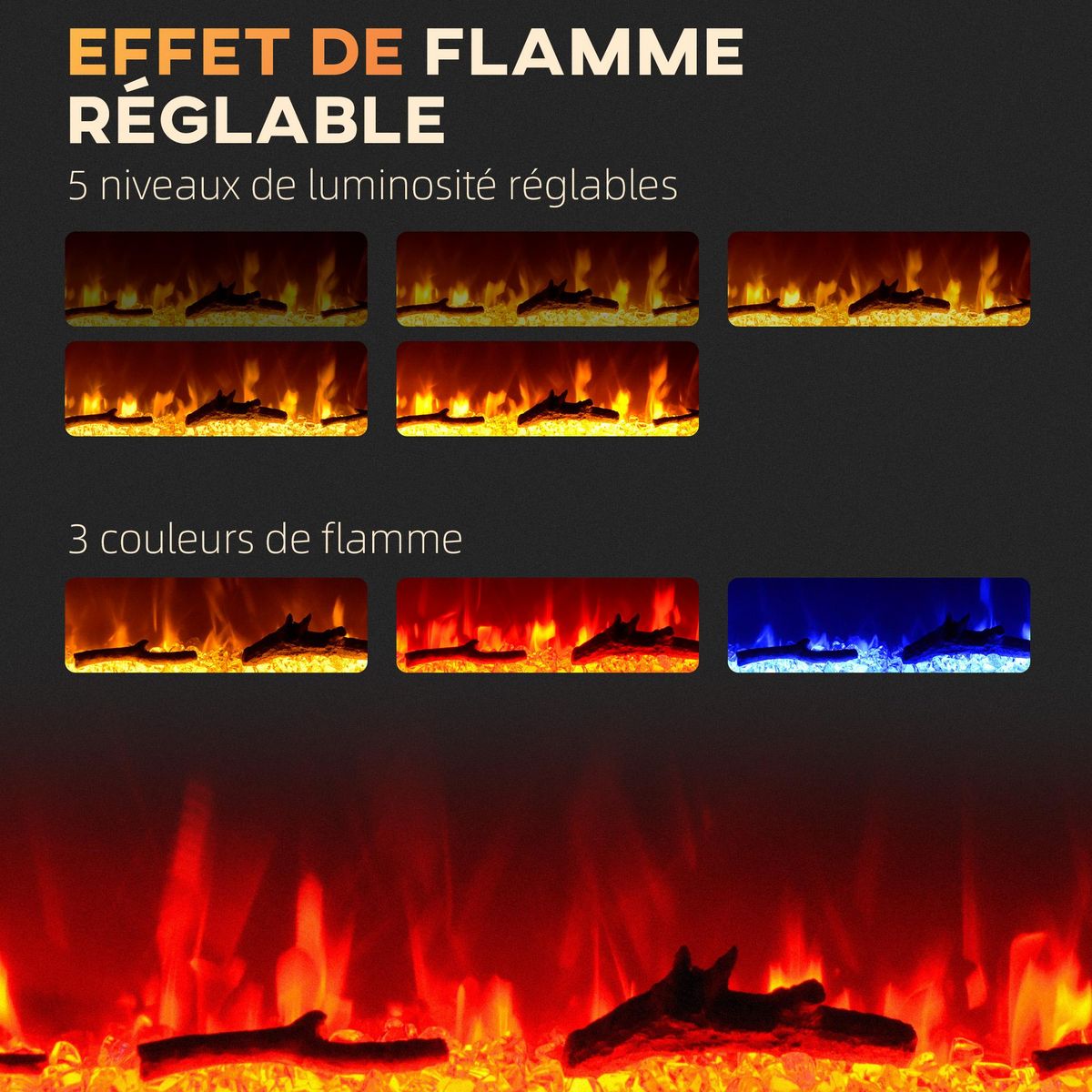 HOMCOM Cheminée électrique 1800W effets flammes LED 3D réglables - timer, thermostat, télécommande - noir