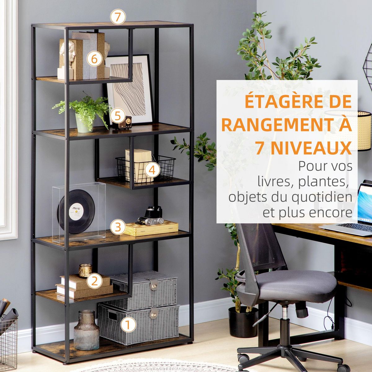 HOMCOM Bibliothèque étagère de rangement à 7 niveaux style industriel acier bois vieilli