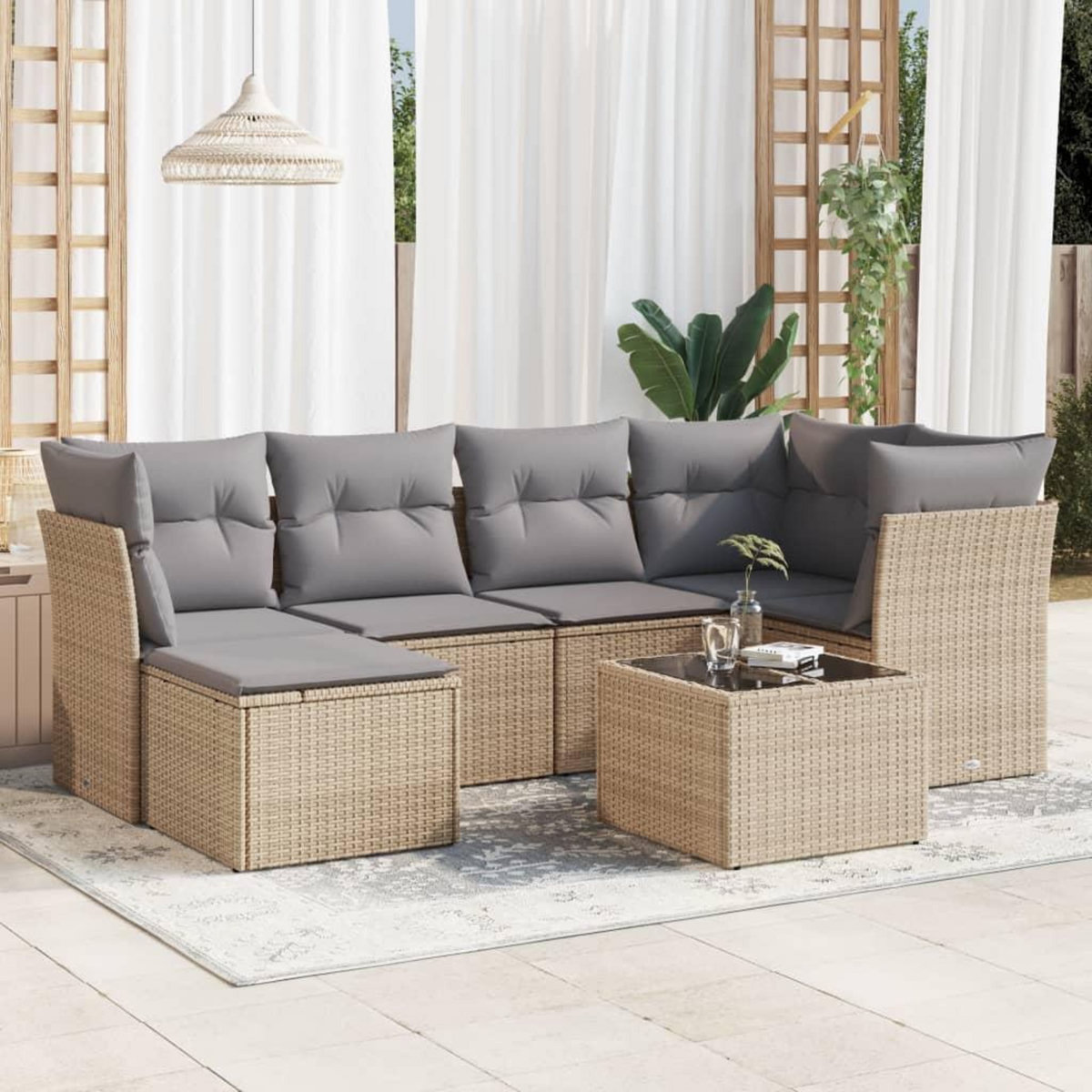 VIDAXL Salon de jardin avec coussins 7 pcs beige resine tressee