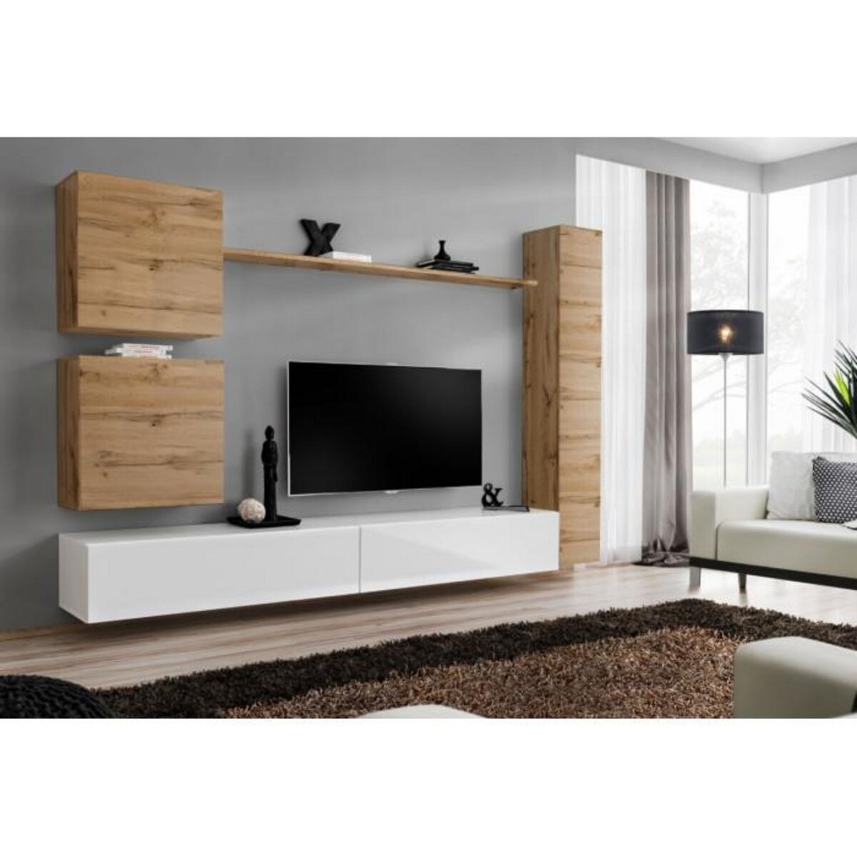 Paris Prix Meuble TV Mural Design  Switch VIII  280cm Naturel & Blanc