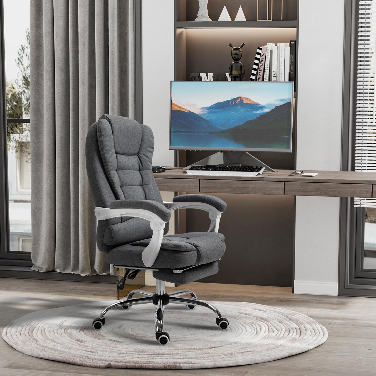VINSETTO Fauteuil de bureau manager grand confort repose-pied dossier inclinable accoudoirs rembourrés tissu aspect lin gris