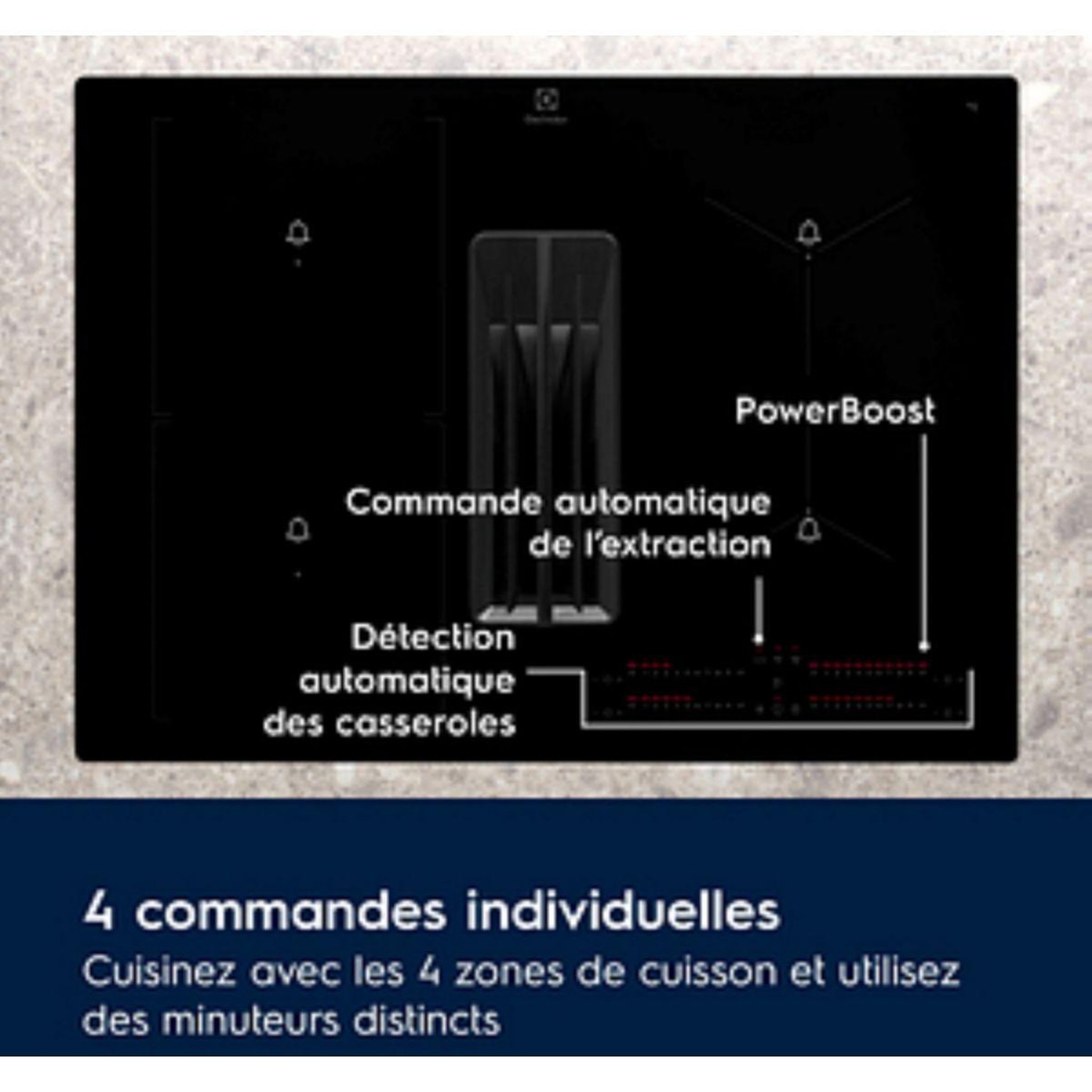 Voir la diapositive 4 : ELECTROLUX Plaque induction aspirante KCC73443 - Hotte intégrée et Zone Bridge