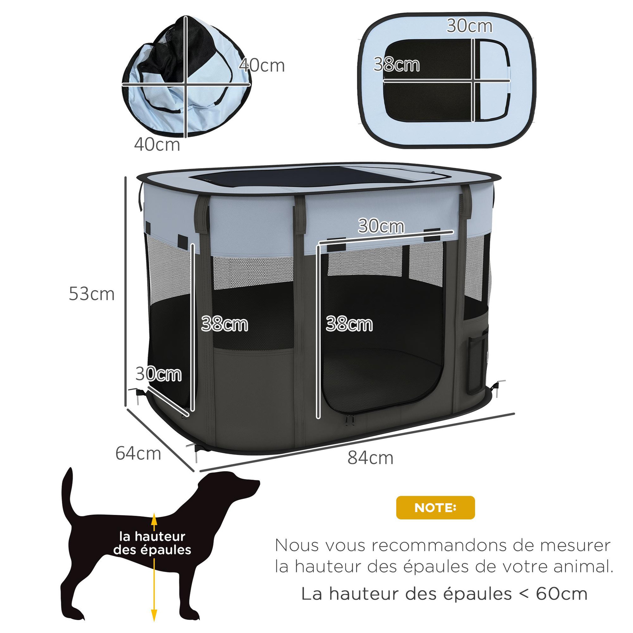 Voir la diapositive 3 : PAWHUT Parc pliable pour chien en tissu oxford - fenêtres, portes en maille - sac de rangement - gris noir