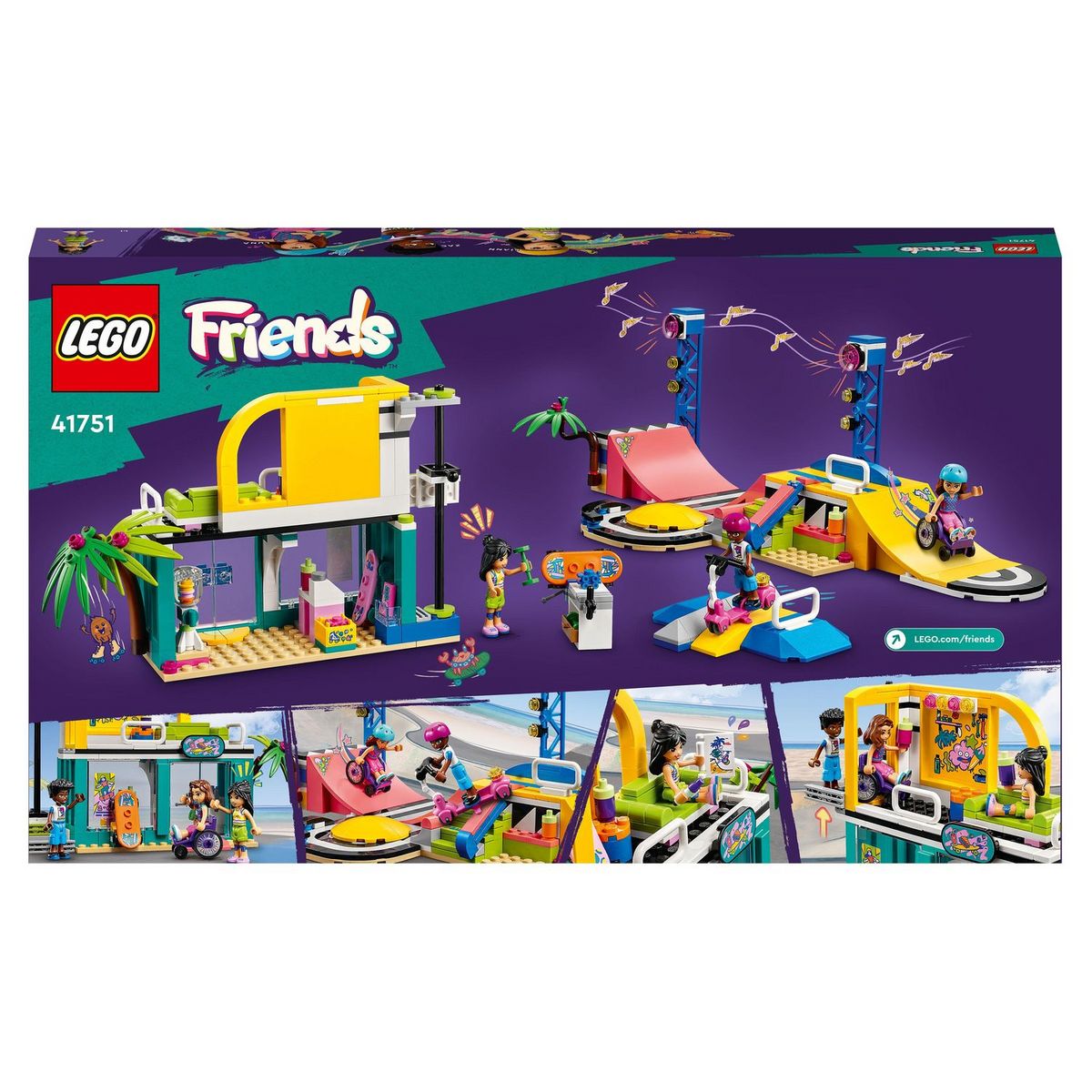 LEGO Friends 41751 Le Skatepark, Jouet de Skateboard, avec Mini-Poupée et Scooter et fauteuil roulant 