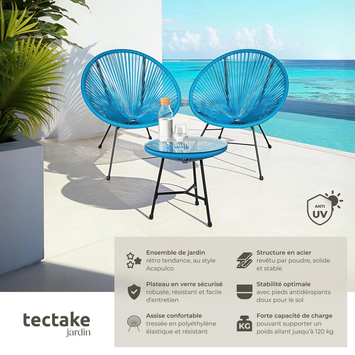 tectake Ensemble de 2 chaises de jardin avec table design rétro dans le style Acapulco bleu