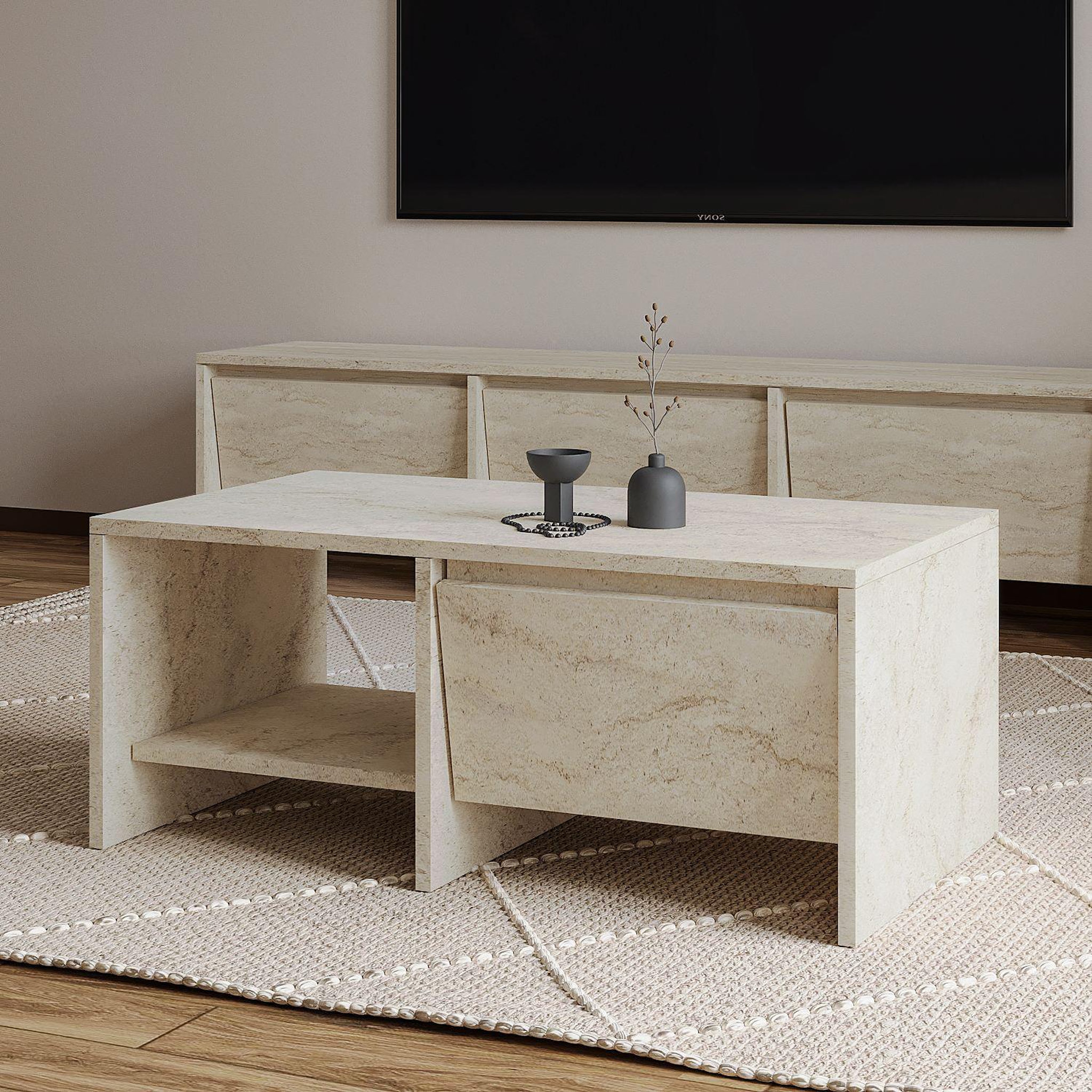 Voir la diapositive 2 : Habitat et Jardin Table basse en bois  laris  - 90 x 45 x 35 cm - travertin