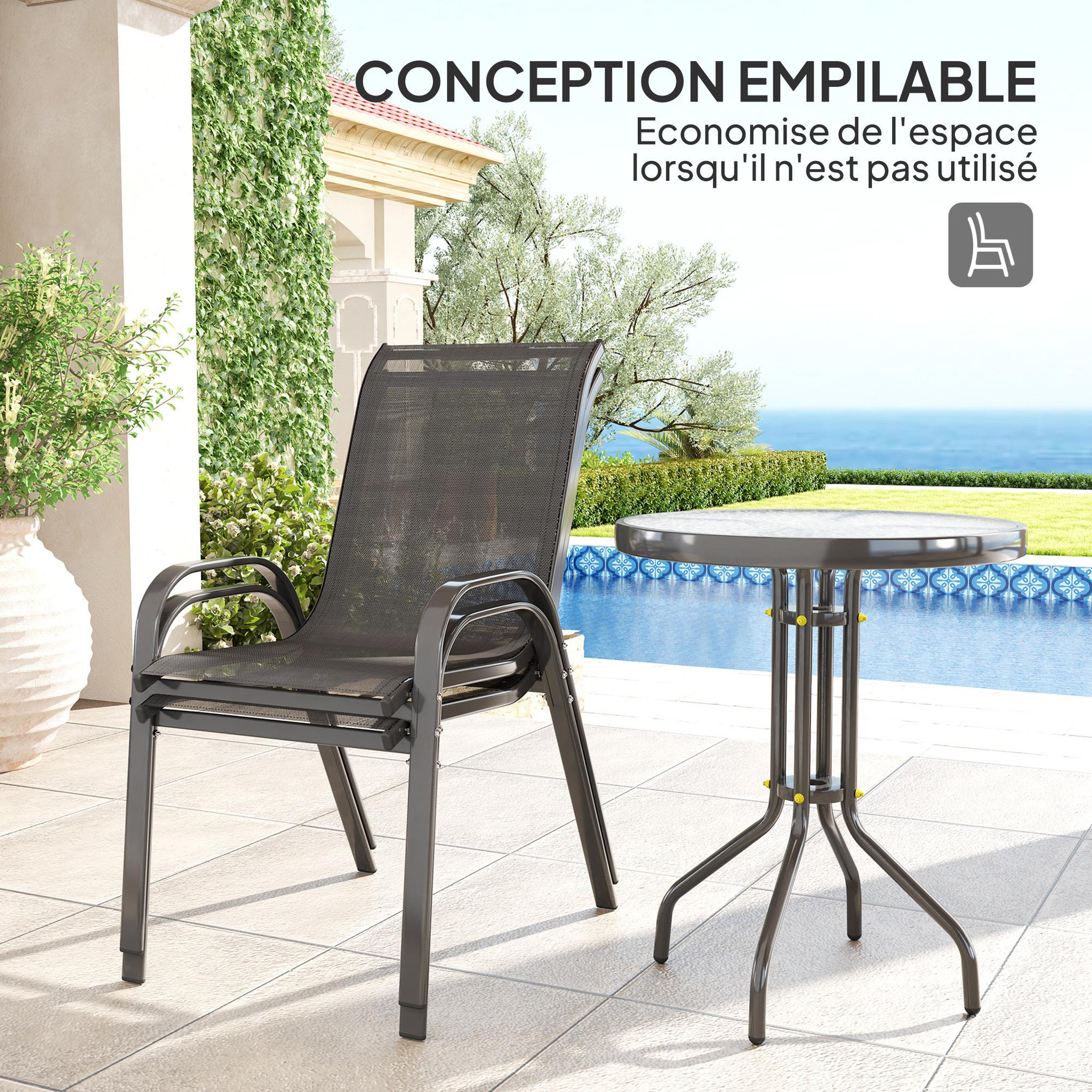 Voir la diapositive 5 : OUTSUNNY Ensemble bistro de jardin 3 pièces - 2 chaises, table ronde plateau verre - acier textilène noir