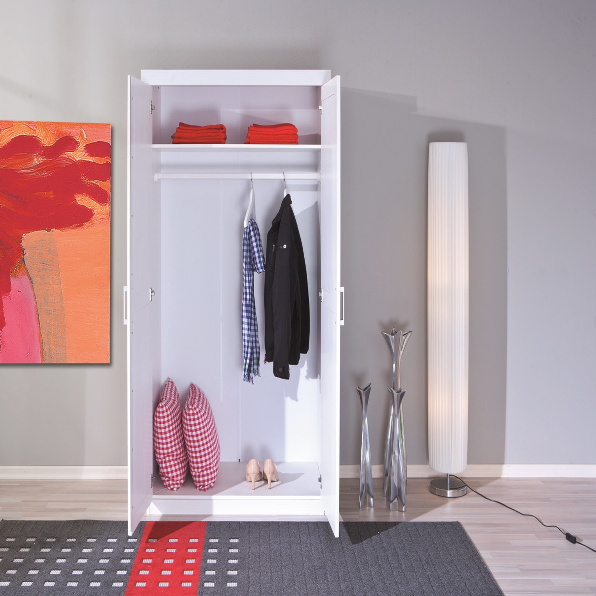 Voir la diapositive 4 : Armoire de chambre 2 portes avec penderie en pin massif blanc ULLI