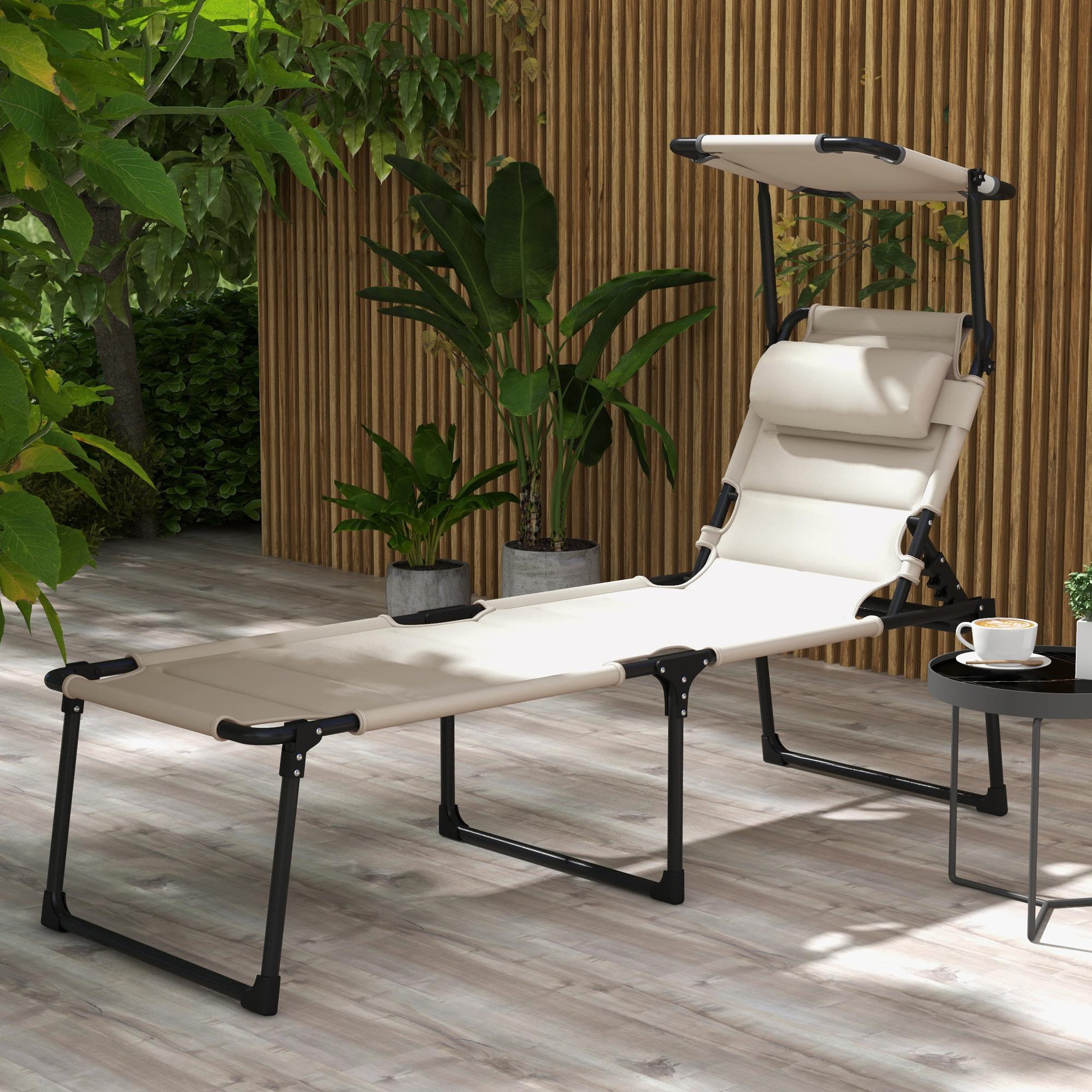 Voir la diapositive 2 : OUTSUNNY Bain de soleil transat inclinable pliable matelassé - pare-soleil, tétière - métal époxy noir tissu blanc cassé