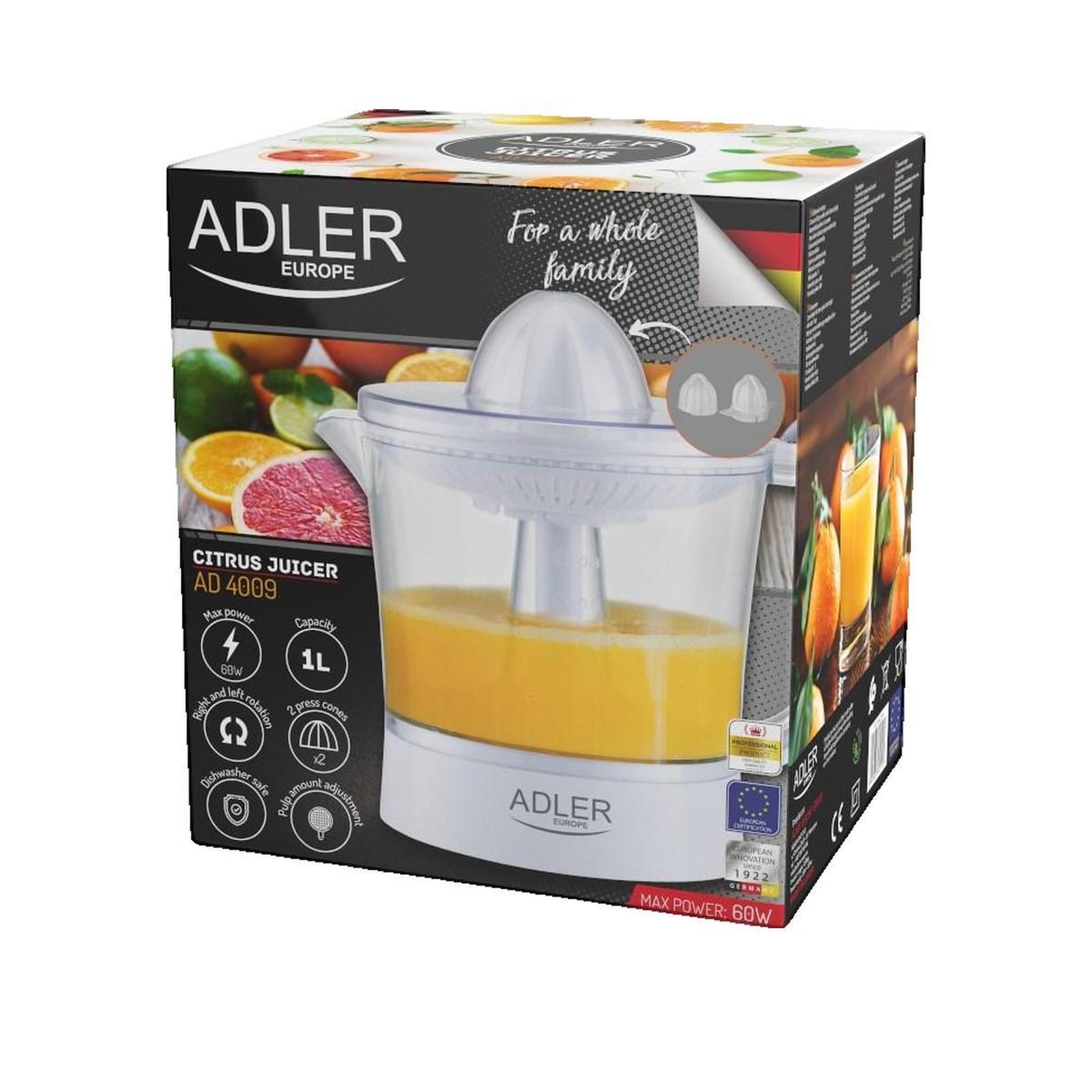 Voir la diapositive 3 : ADLER Presse-agrumes électrique Adler AD 4009 1L 40-60W