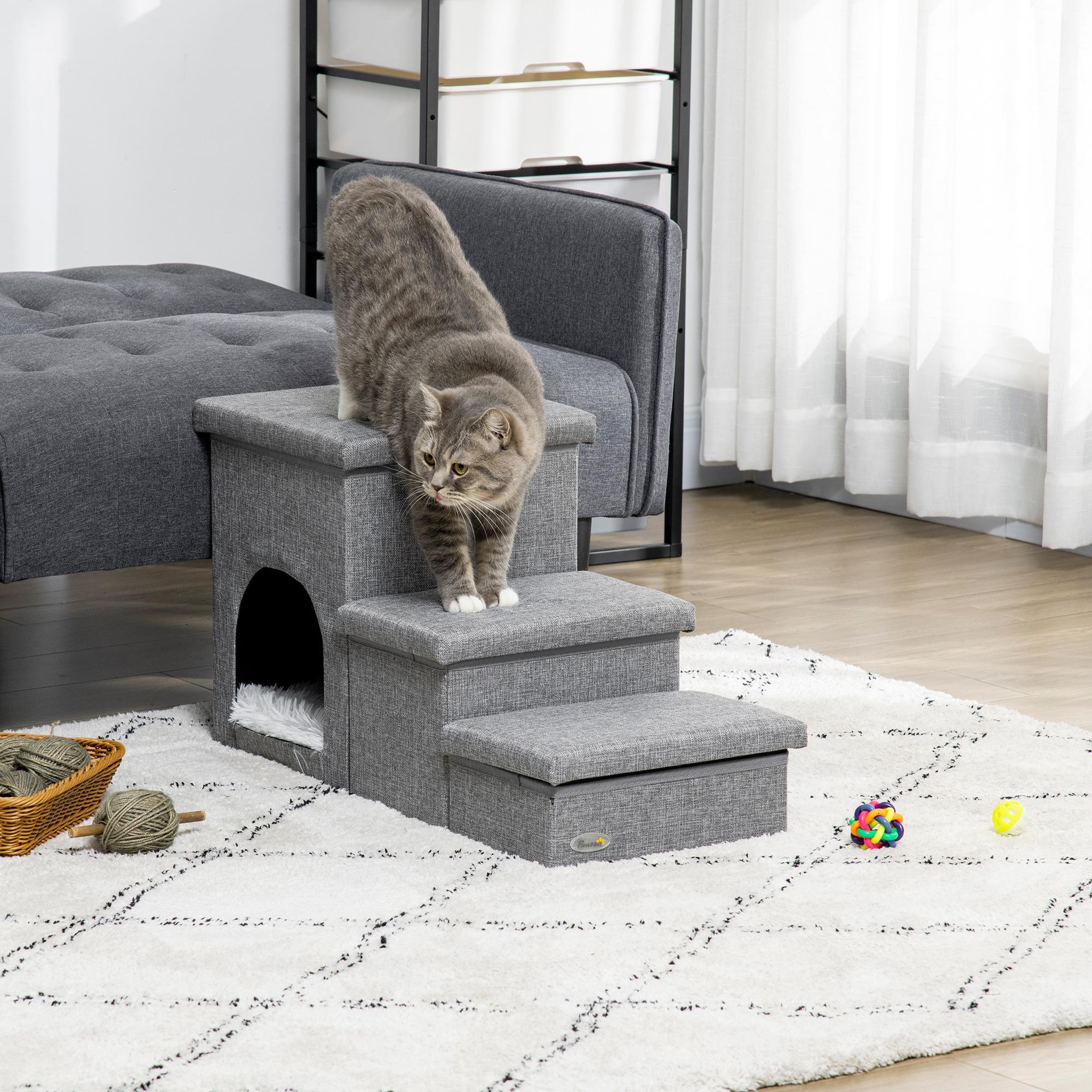 Voir la diapositive 2 : PAWHUT Escalier pour chat chien niche coffre 3 en 1 - 3 marches, coussin inclus - revêtement tissu rembourré doux - structure mdf - gris