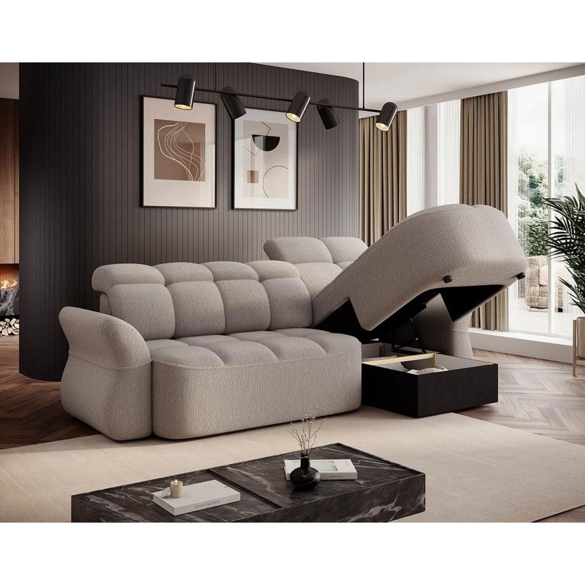 BEST MOBILIER Brume - canapé d'angle droit 4 places convertible électrique avec coffre et têtières réglables en tissu bouclette