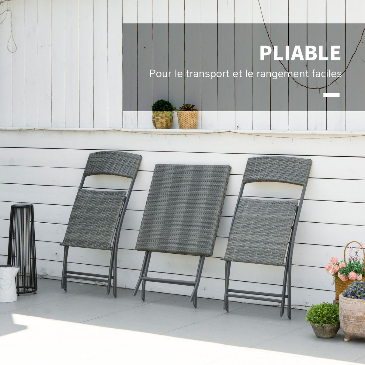 OUTSUNNY Ensemble meubles de jardin design table carré et chaises pliables résine tressée imitation rotin gris