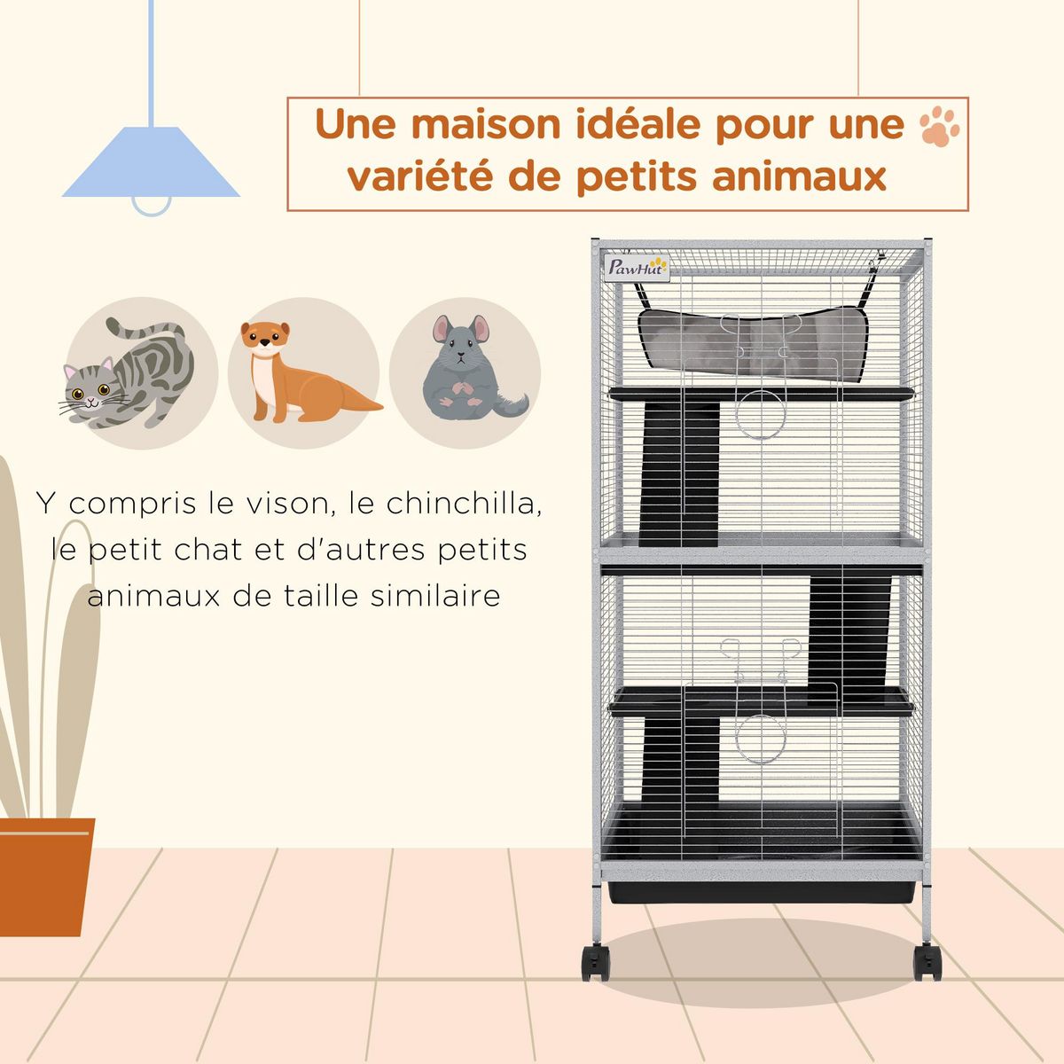 PAWHUT Cage pour petits animaux portable avec 2 portes hamac métal PP 52 x 52 x 113,5 cm