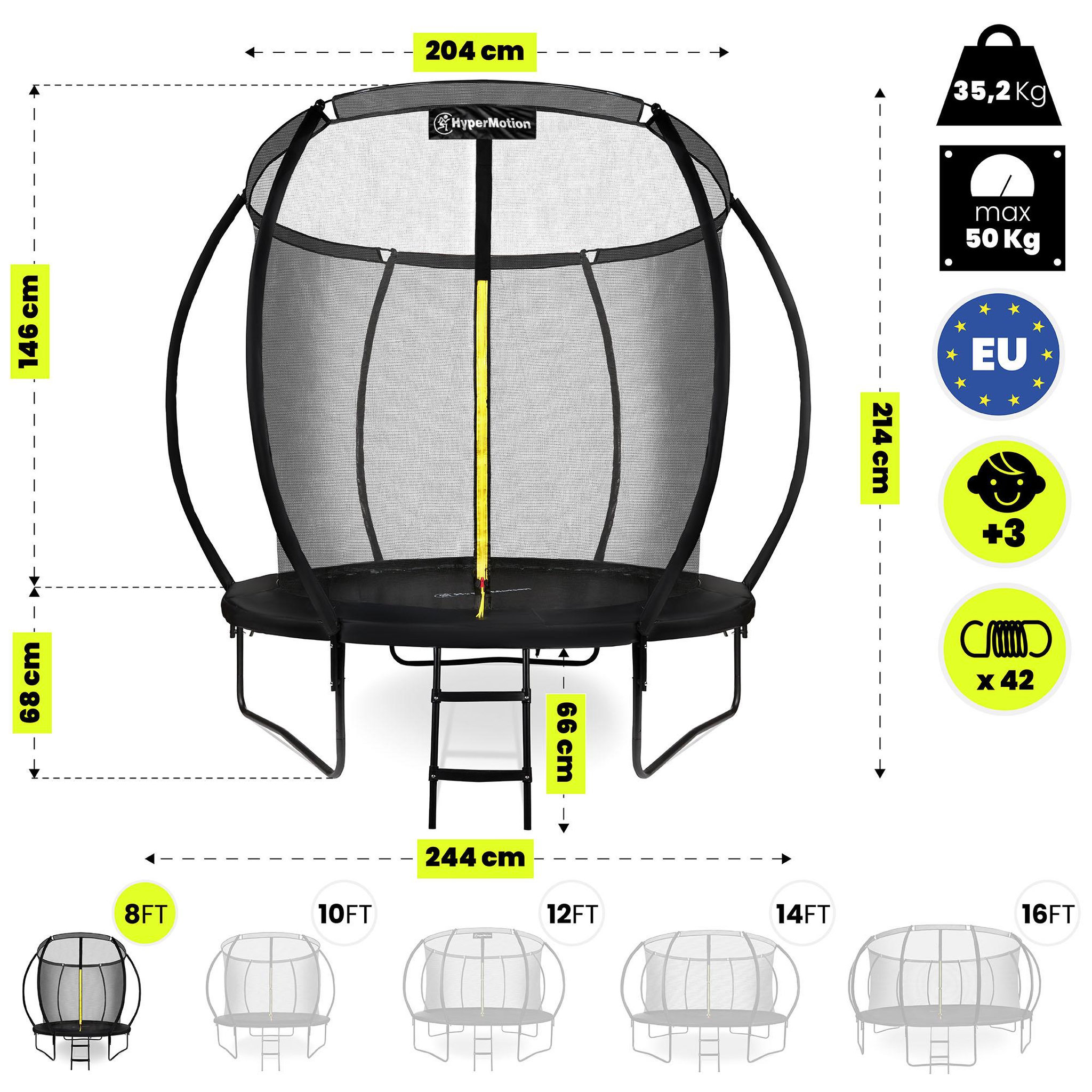 Voir la diapositive 5 : HYPERMOTION Trampoline de Jardin Enfant 244 cm (8ft) Filet Sécurité + Échelle - Max 50kg