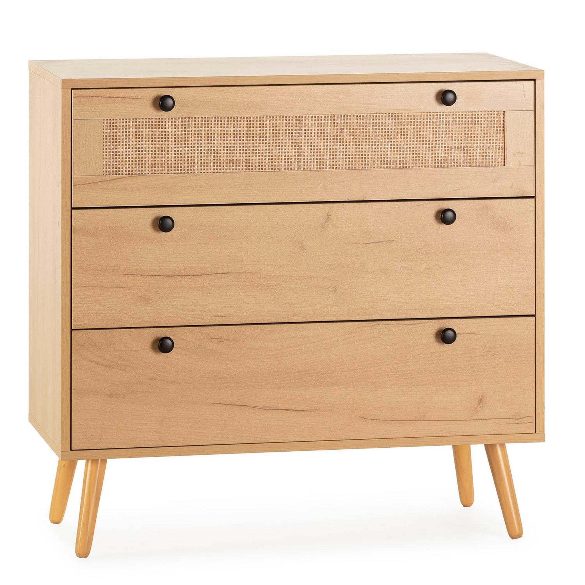VS VENTA-STOCK Commode nuit Bella 3 tiroirs couleur chêne avec rotin naturel