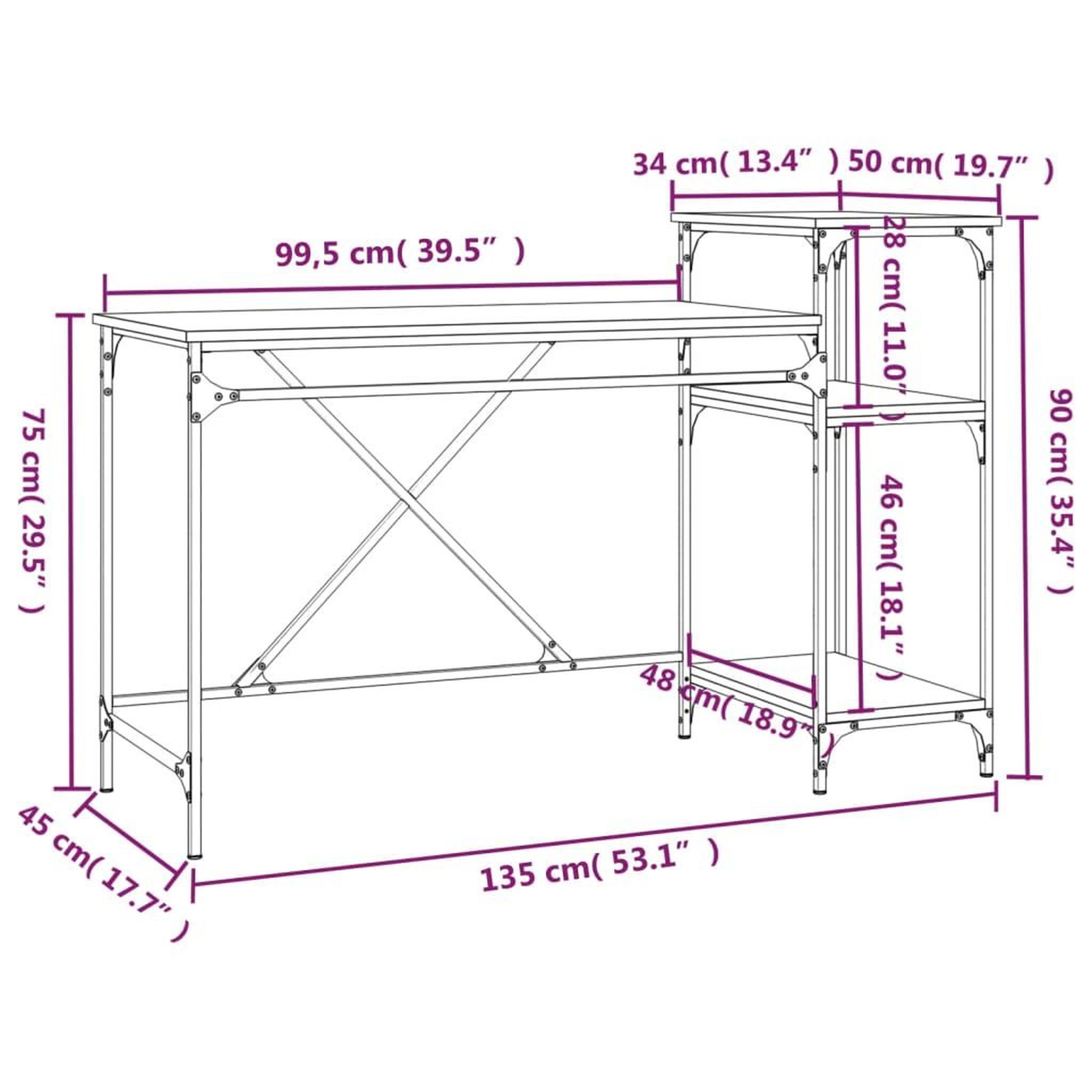 Voir la diapositive 6 : VIDAXL Bureau et etageres chene sonoma 135x50x90cm bois ingenierie/fer