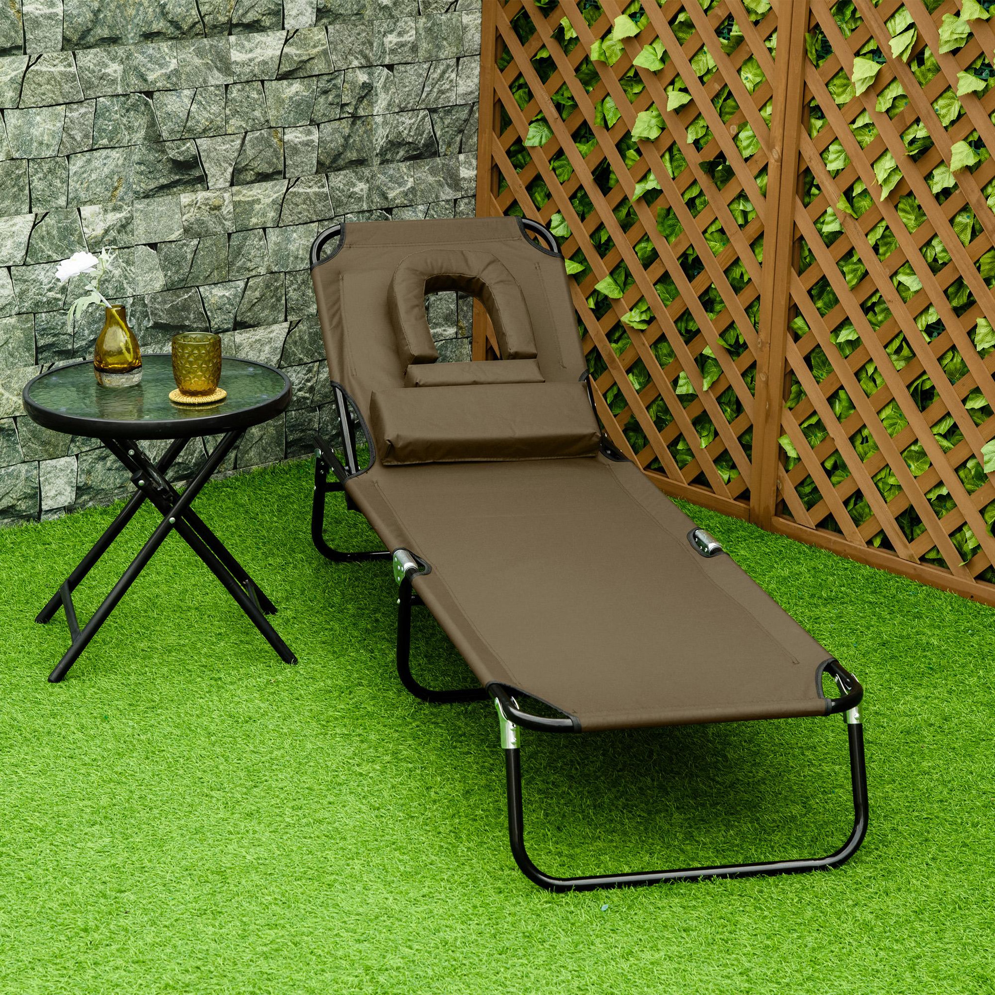 Voir la diapositive 2 : OUTSUNNY Bain de soleil pliable transat inclinable 4 positions chaise longue de lecture 3 coussins fournis marron