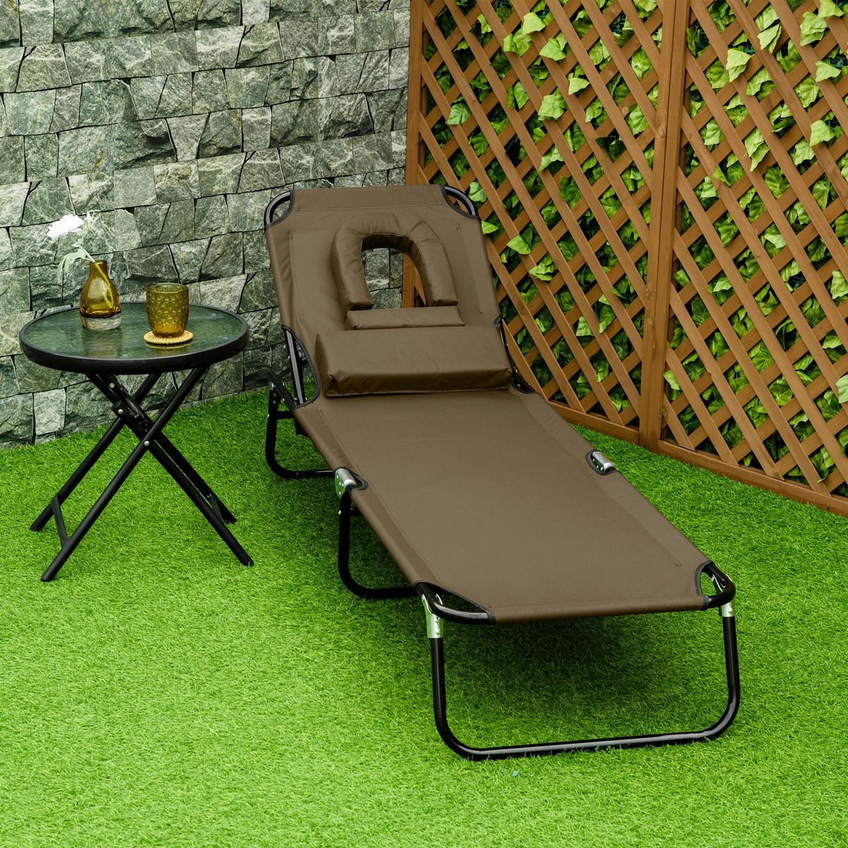 OUTSUNNY Bain de soleil pliable transat inclinable 4 positions chaise longue de lecture 3 coussins fournis marron