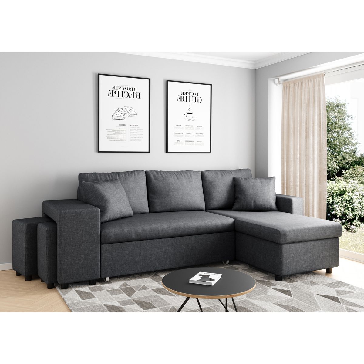  Canapé 3 places d'angle Droit convertible avec coffre Tissu gris foncé+ 2 poufs inclus ANETTA