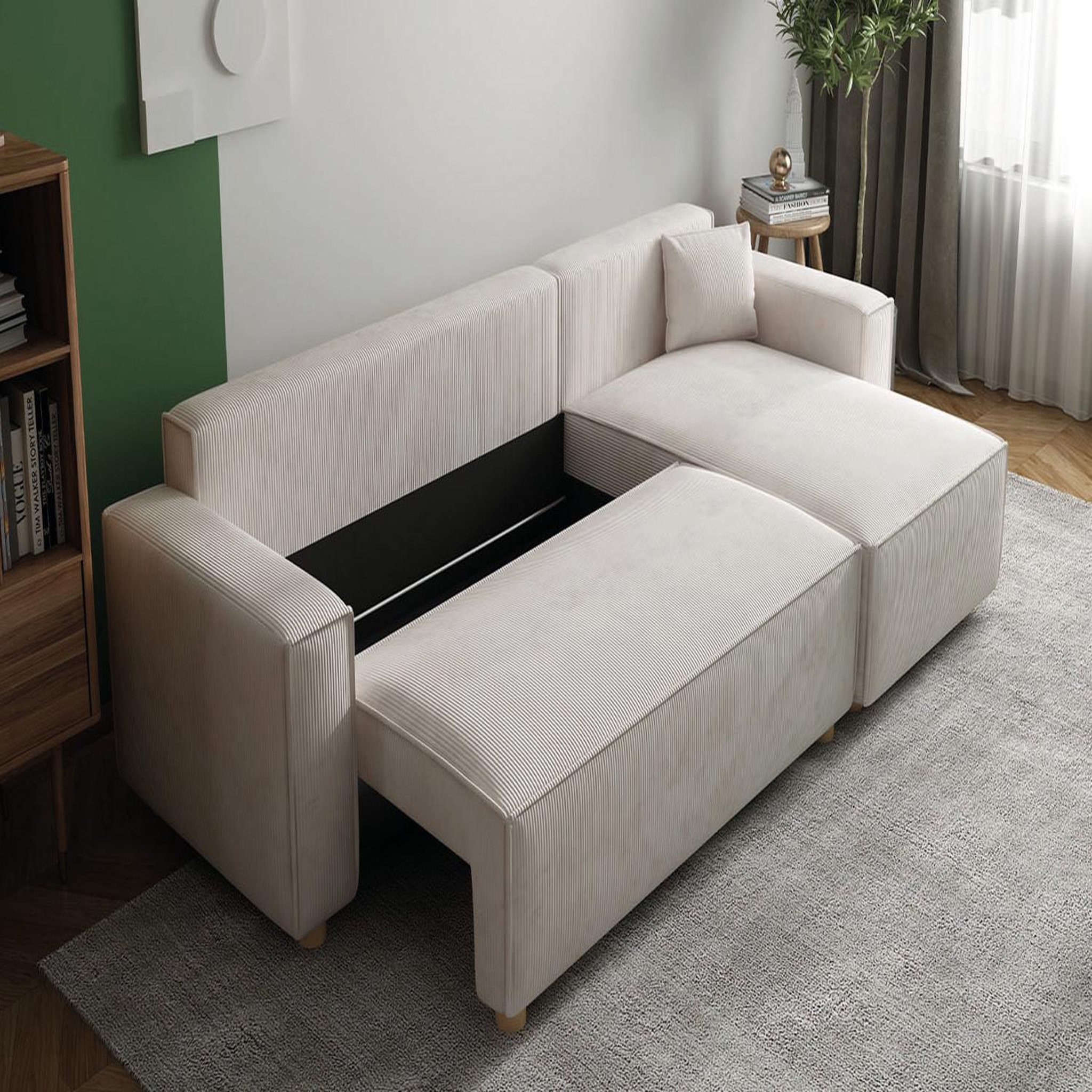 Voir la diapositive 5 : CONCEPT USINE Canapé convertible d'angle réversible 4 places velours côtelé beige cosy