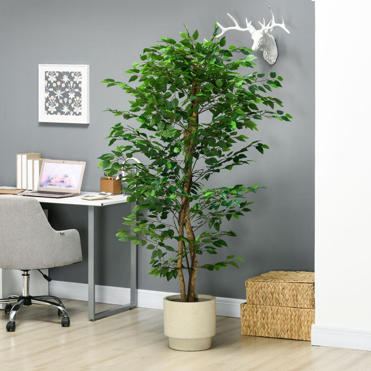 HOMCOM Arbre artificiel plante artificiel ficus hauteur 1,8 m tronc branches liane lichen feuilles grand réalisme pot inclus