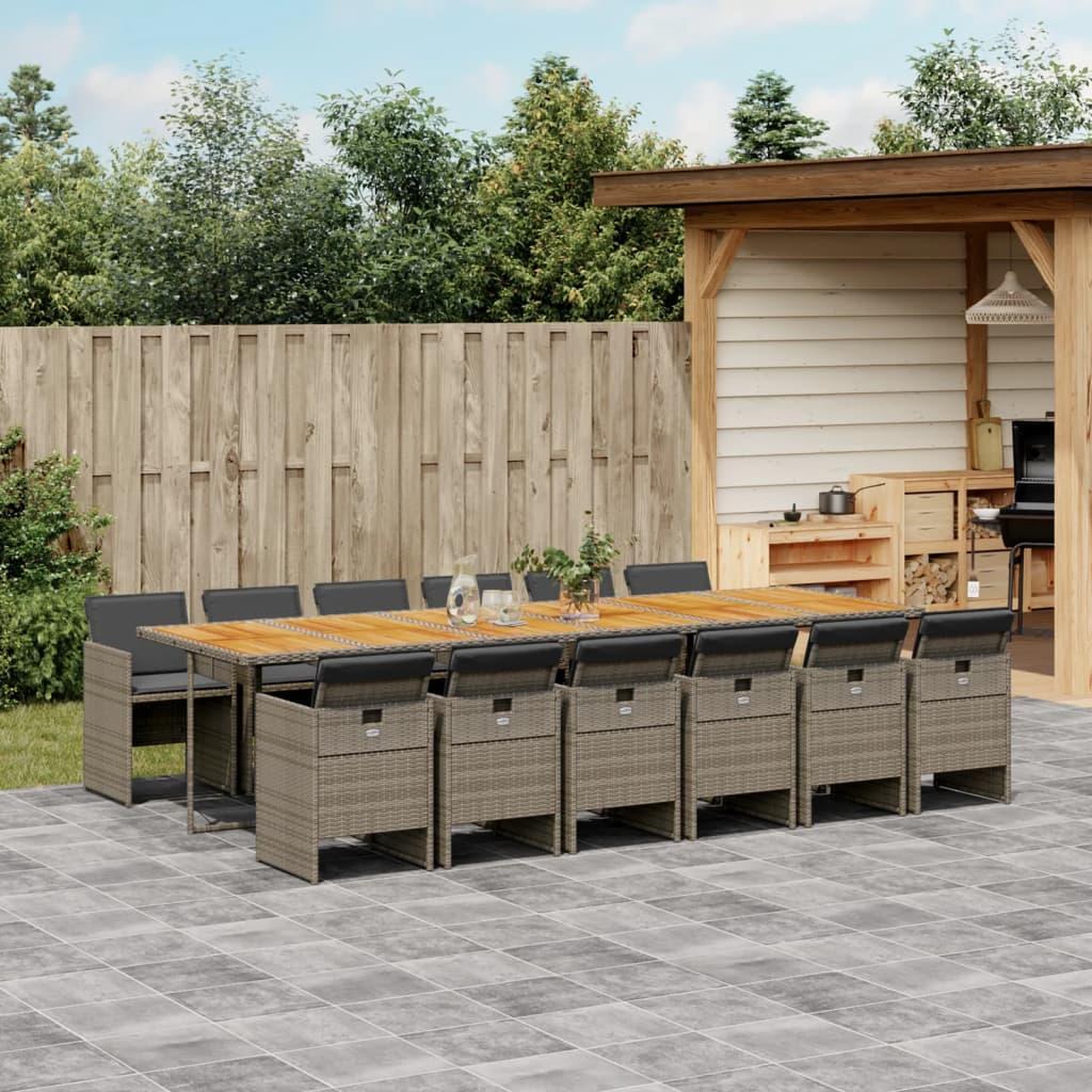 VIDAXL Ensemble a manger de jardin coussins 13 pcs gris resine tressee