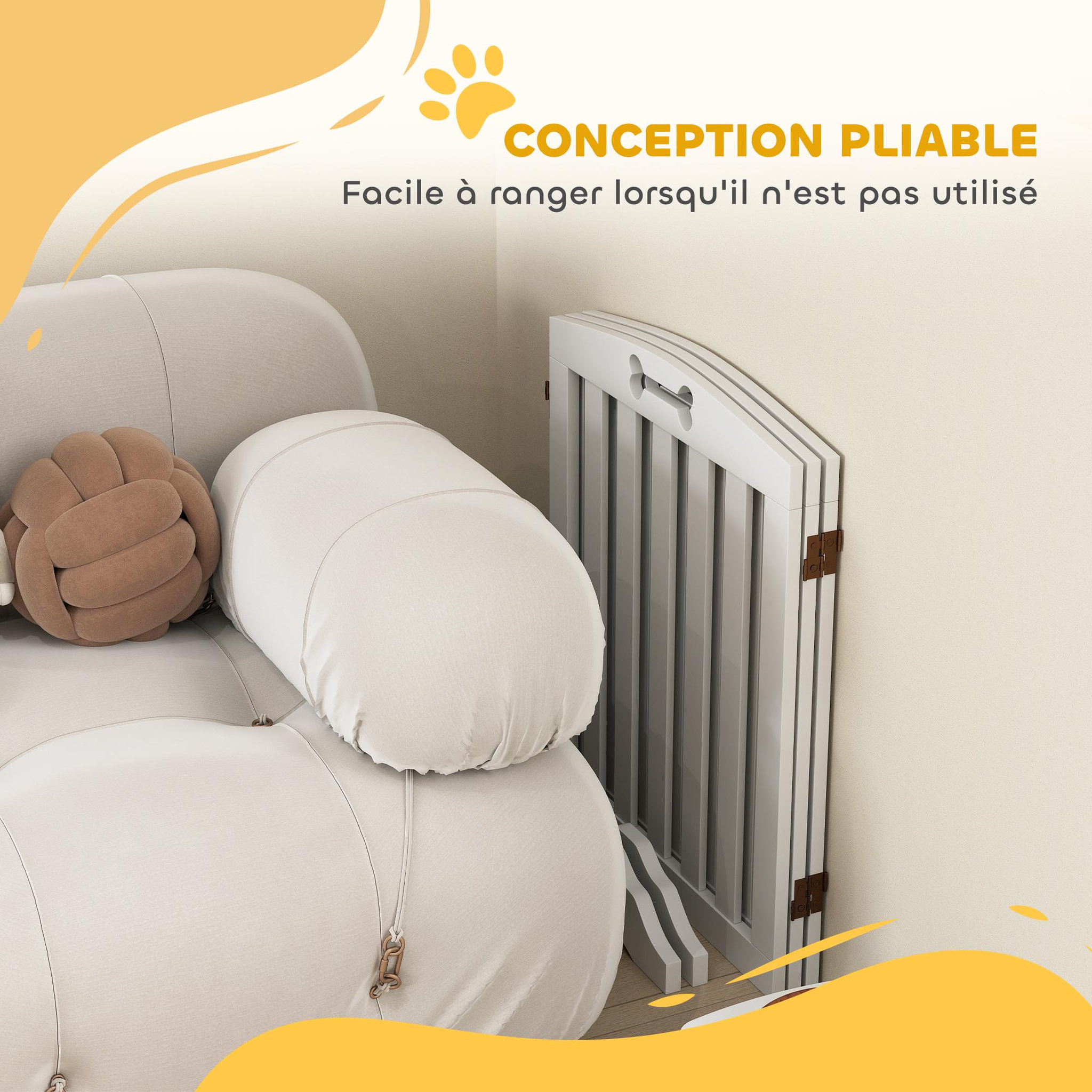 Voir la diapositive 5 : PAWHUT Barrière de sécurité chien pliable adaptable motif os - piètement support antidérapant - 155 x 30 x 61 cm - mdf blanc